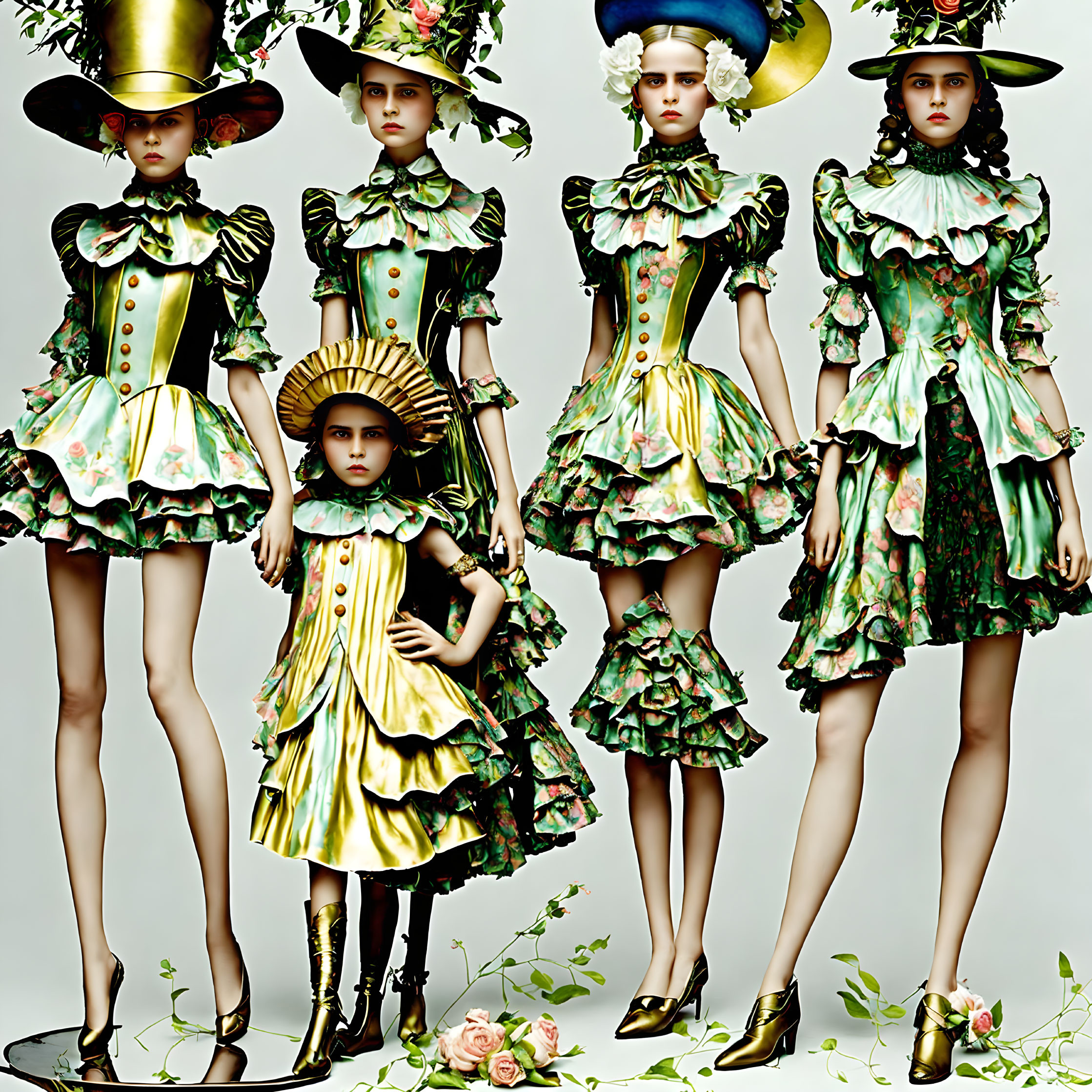 Five models in avant-garde floral dresses with ruffled skirts and elaborate headwear on light background.