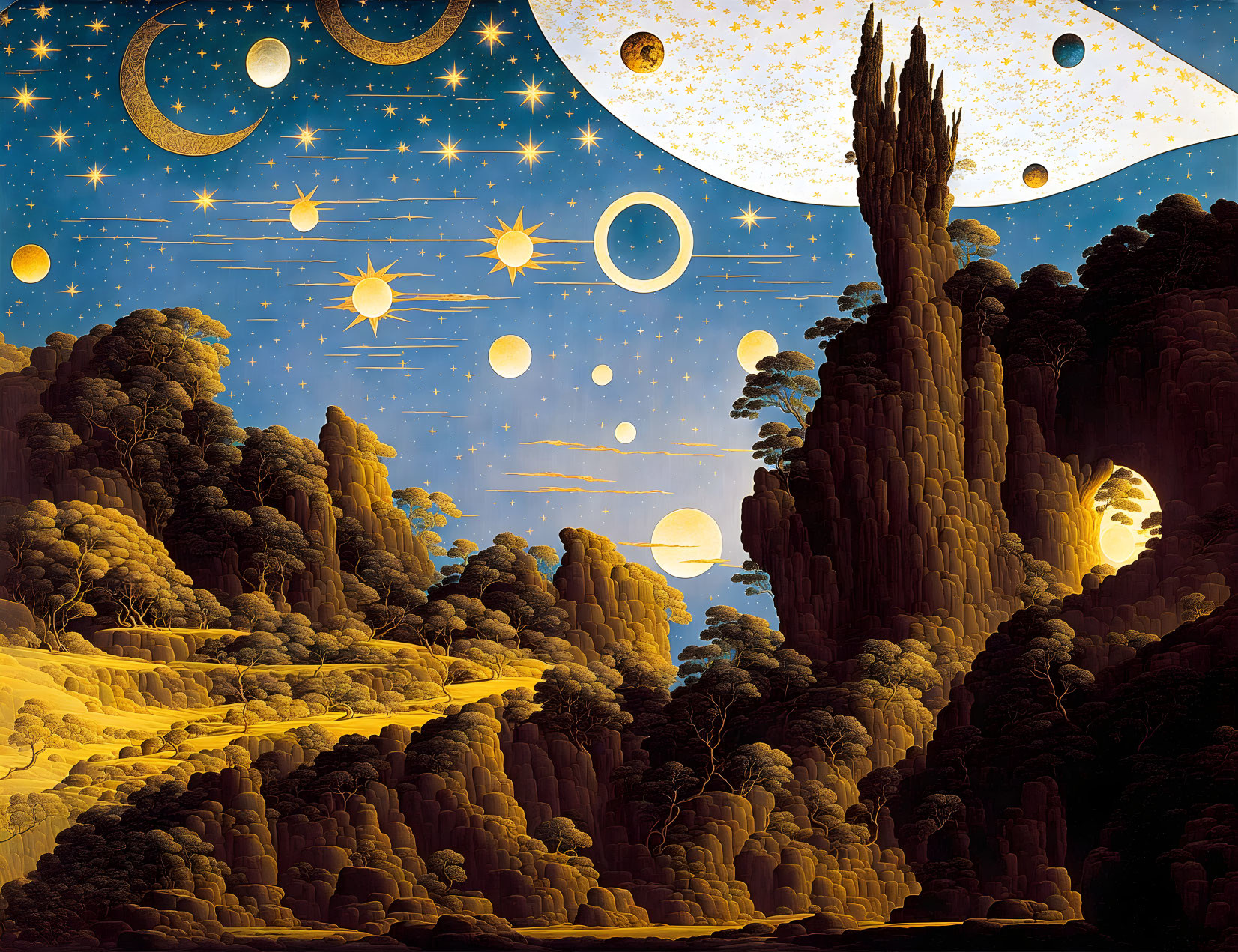 Surreal landscape with rocky formations and celestial bodies in star-studded sky