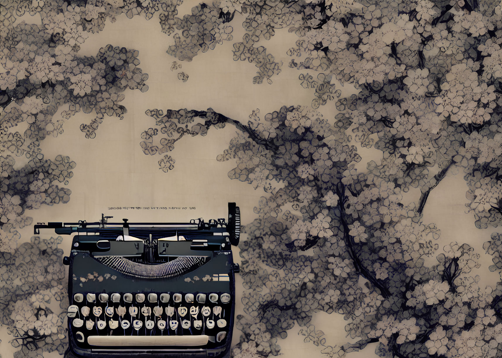 Vintage typewriter with floral patterns on beige background