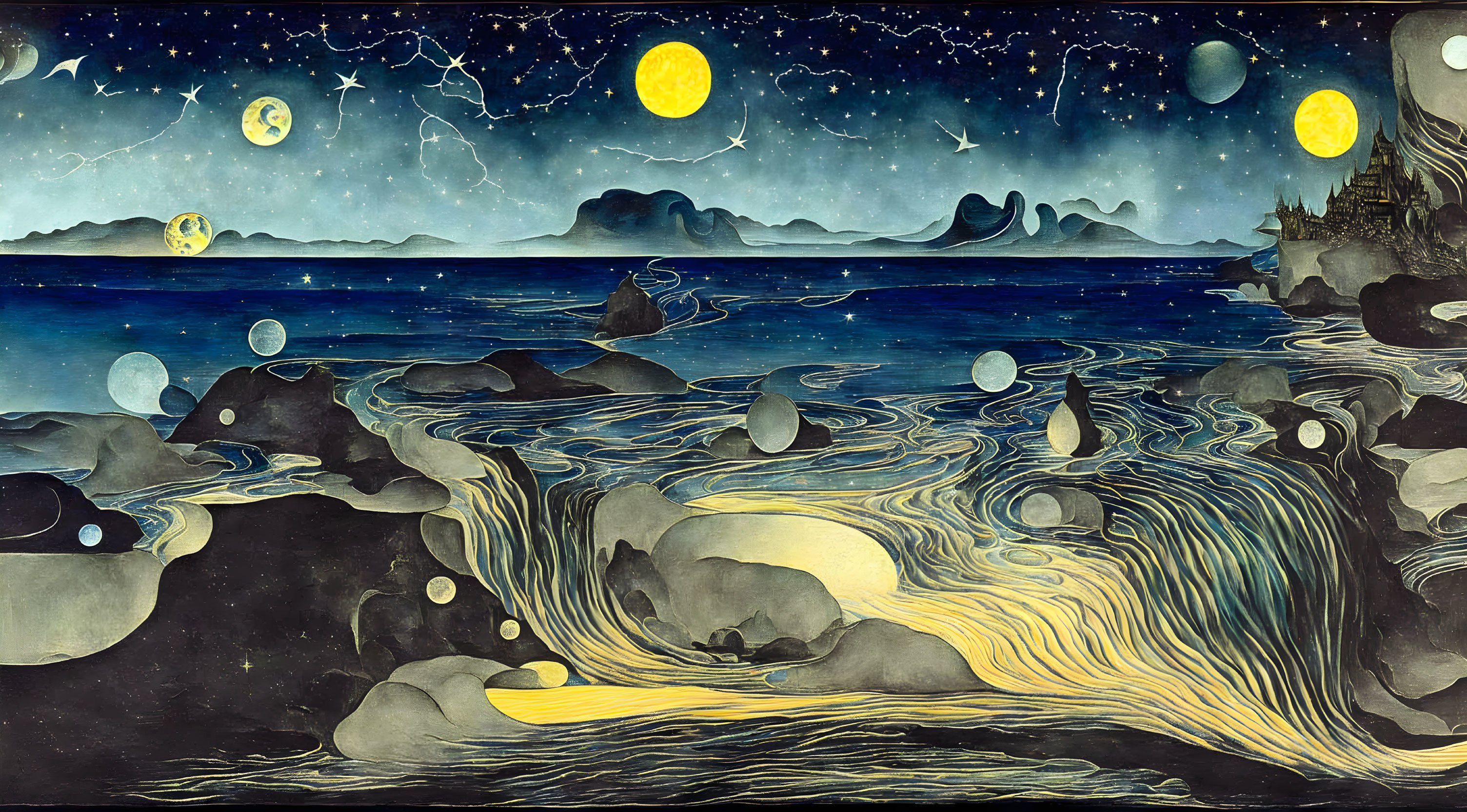 Stylized Nocturnal Seascape with Multiple Moons and Stars