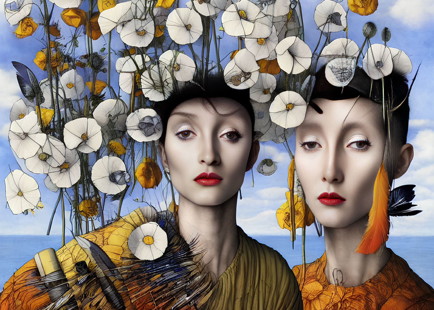 Surreal female figures with floral and bird-like elements in cloudy sky setting