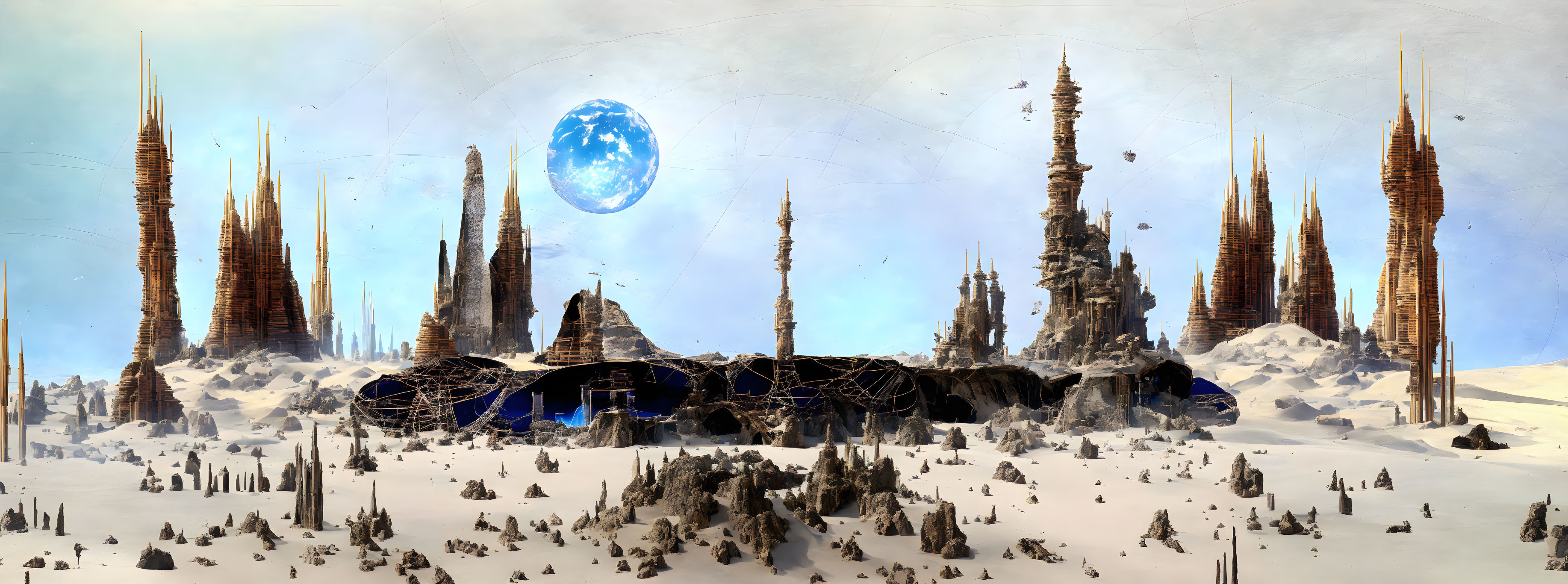 Futuristic cityscape on snowy planet with towering structures and large blue planet in sky