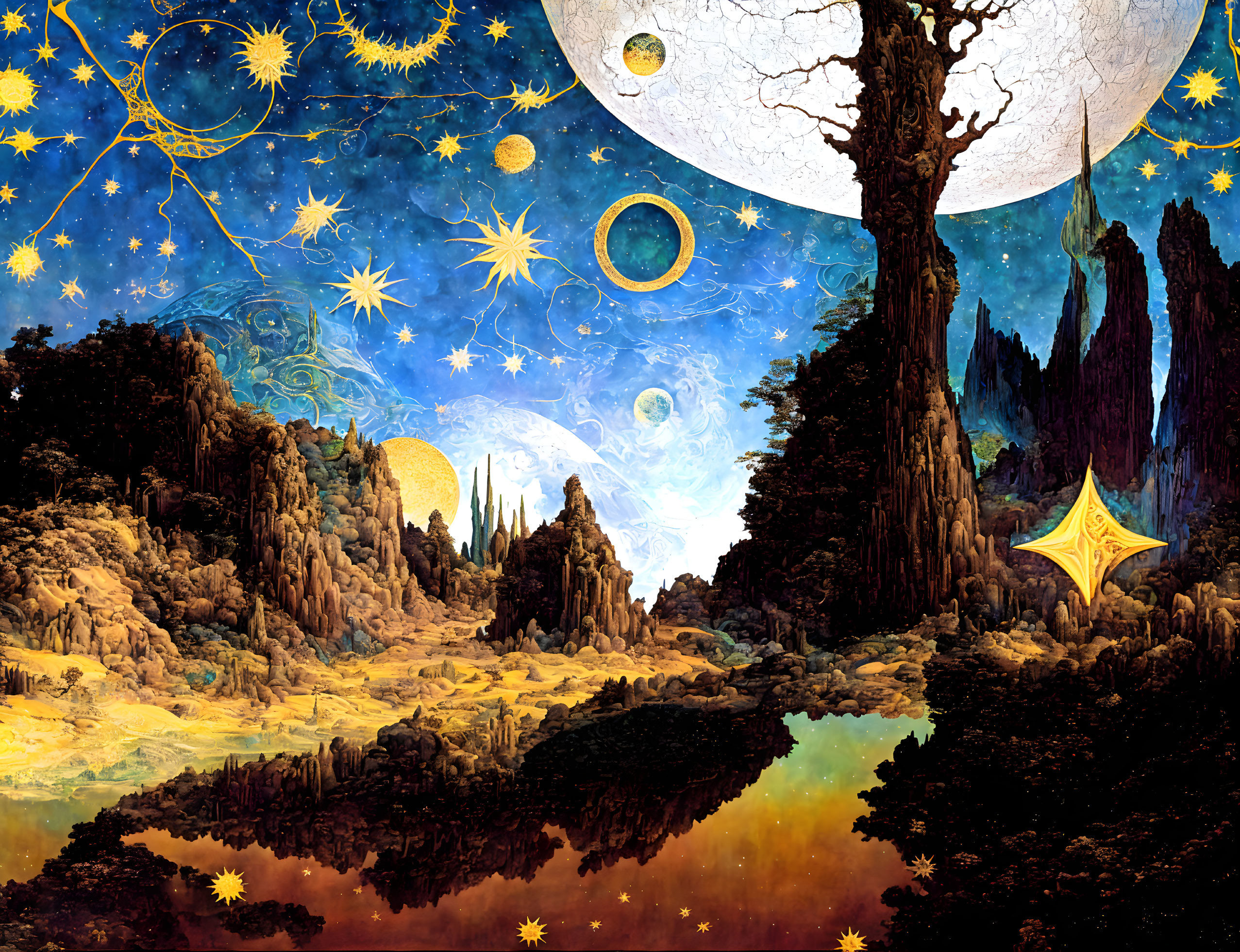 Surrealist landscape with rocky formations and celestial bodies