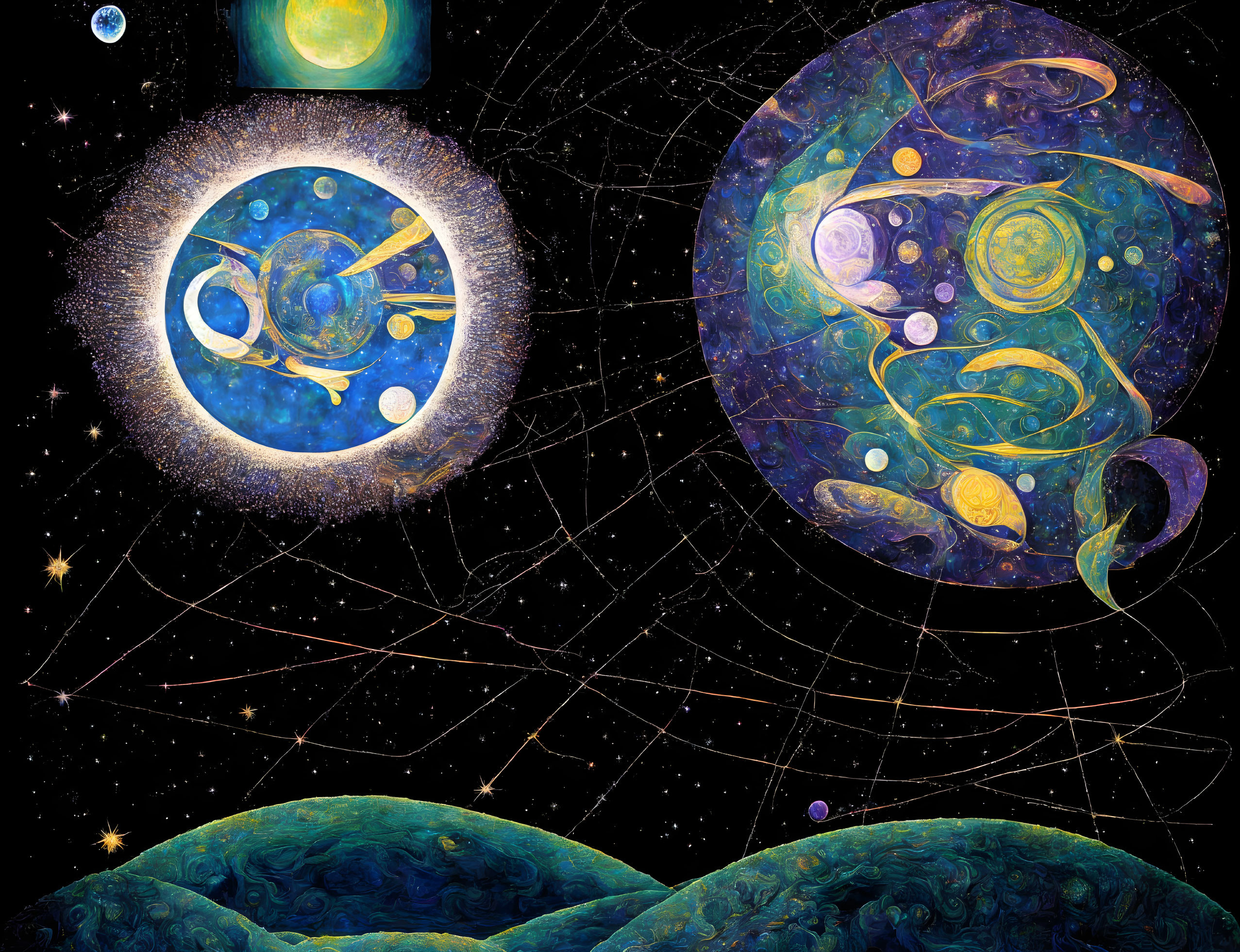 Abstract cosmic painting with celestial bodies, orbits, and starry skies.