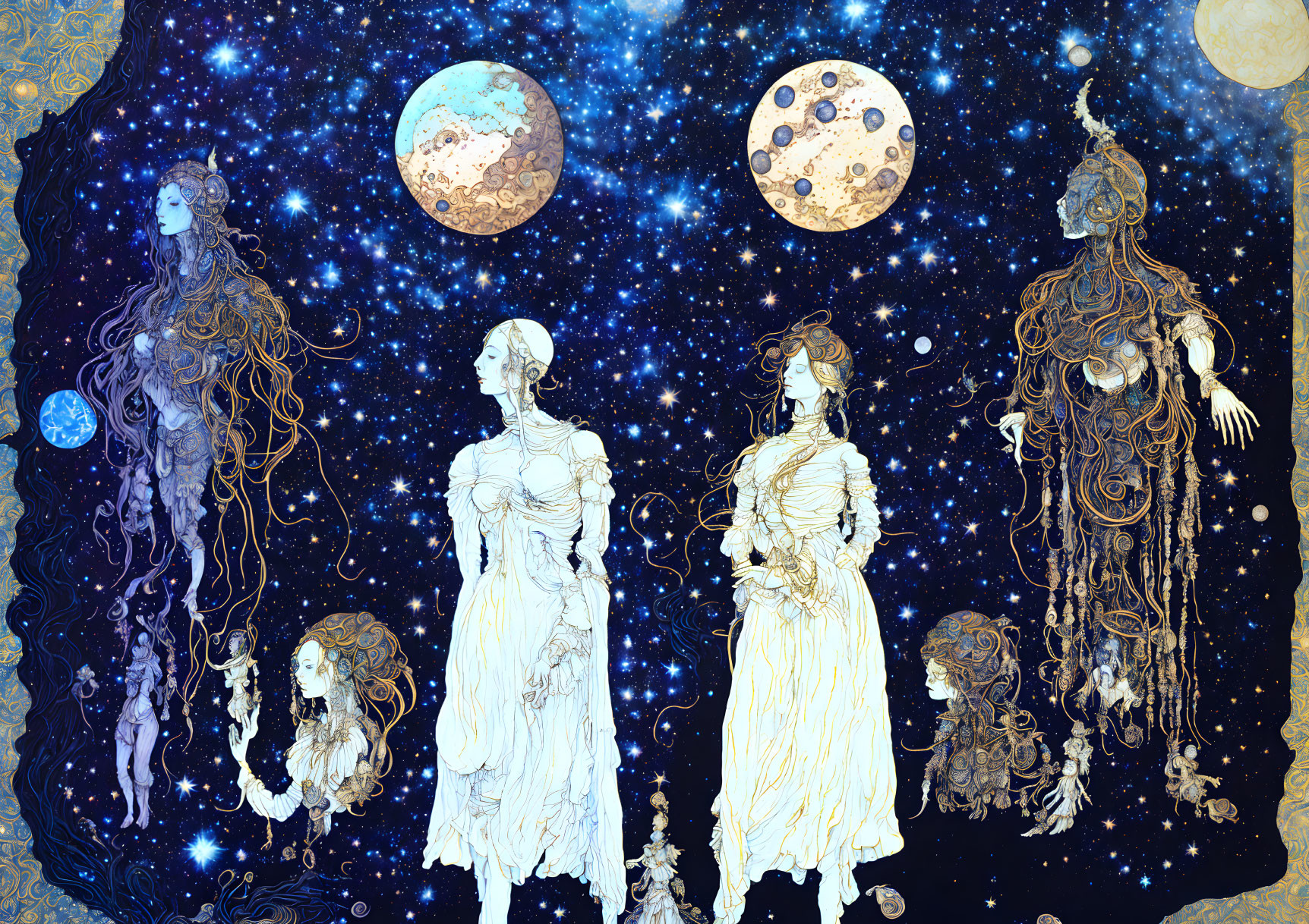 Four female figures with celestial heads in white dresses against starry backdrop