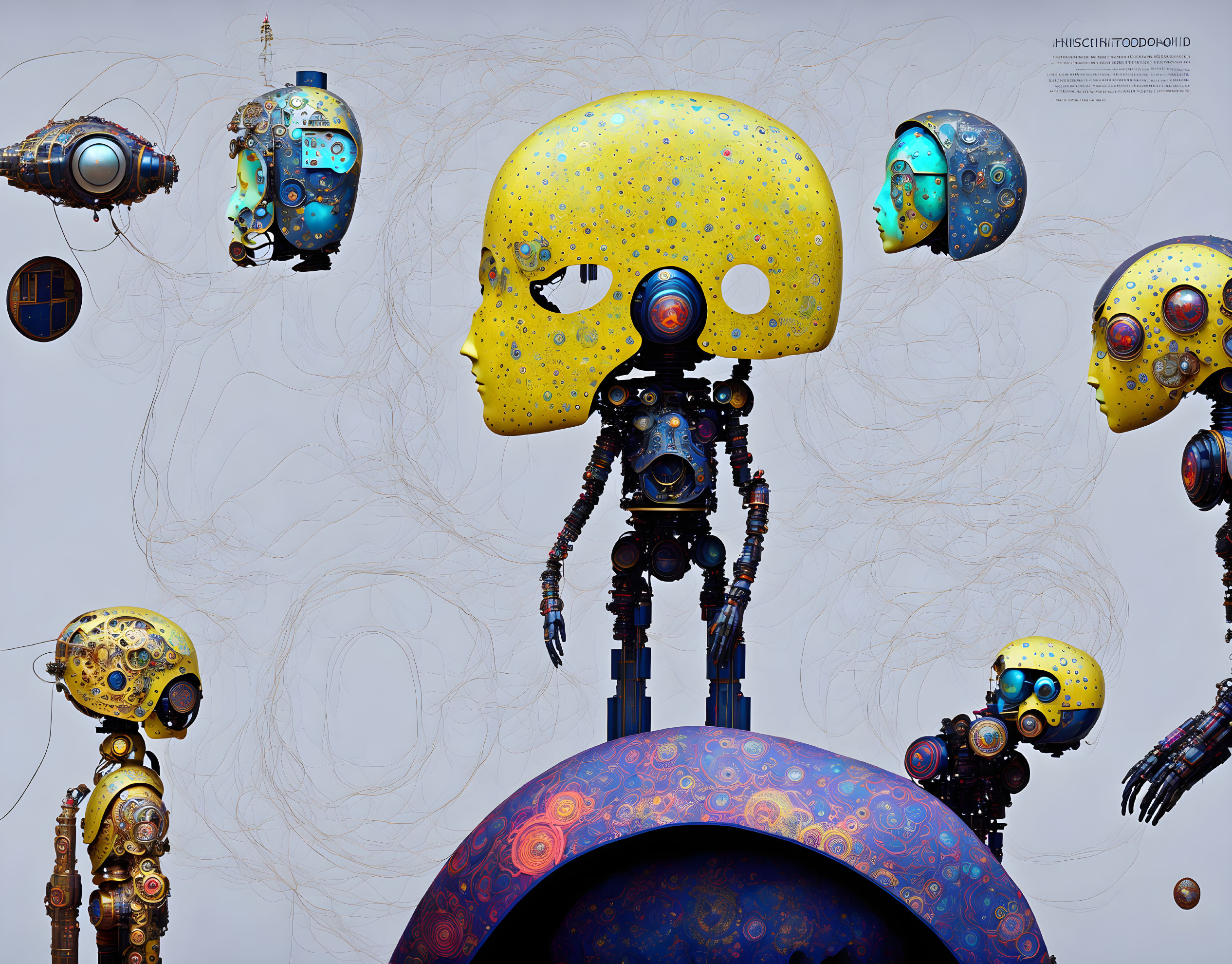 Surreal digital artwork: large yellow-speckled robotic skull with machinery and floating robots.