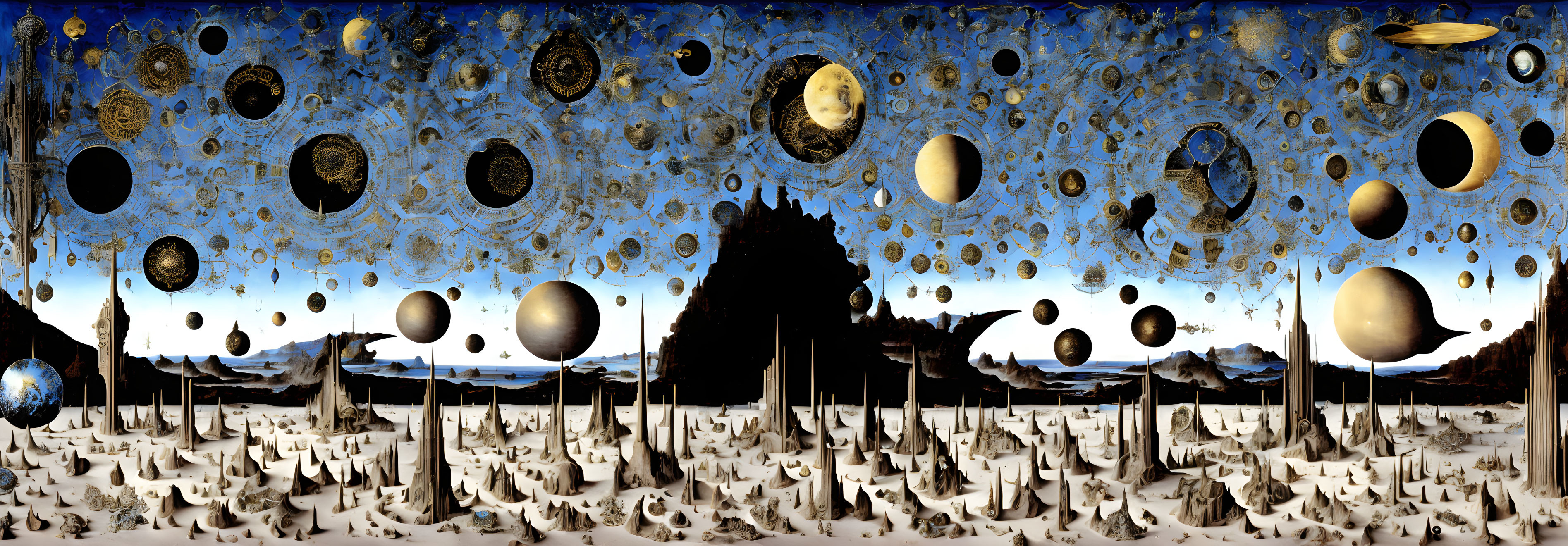 Surreal panoramic landscape with planets and moons in blue sky