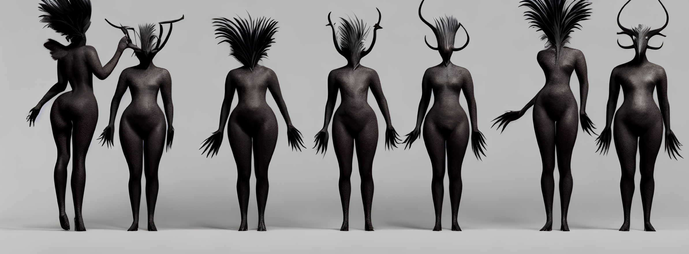 Six humanoid figures with stylized elk-like antlers in different poses