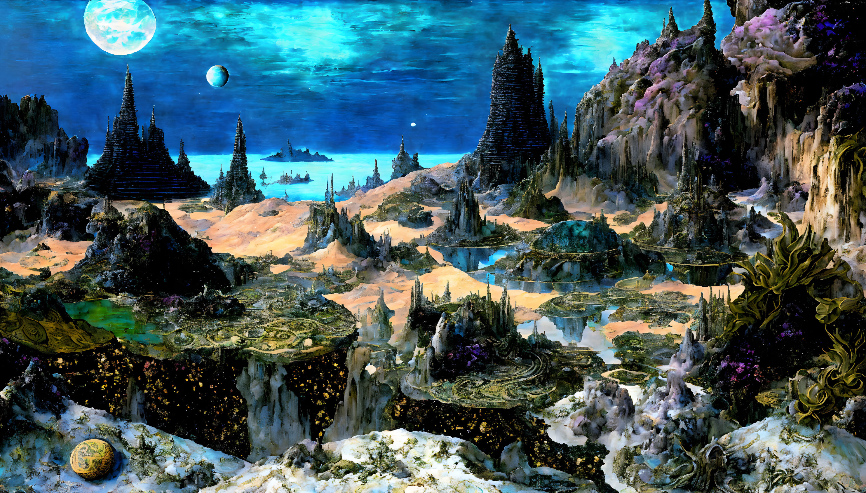 Fantastical landscape with illuminated trees, floating platforms, spire-like structures, blue moon, and