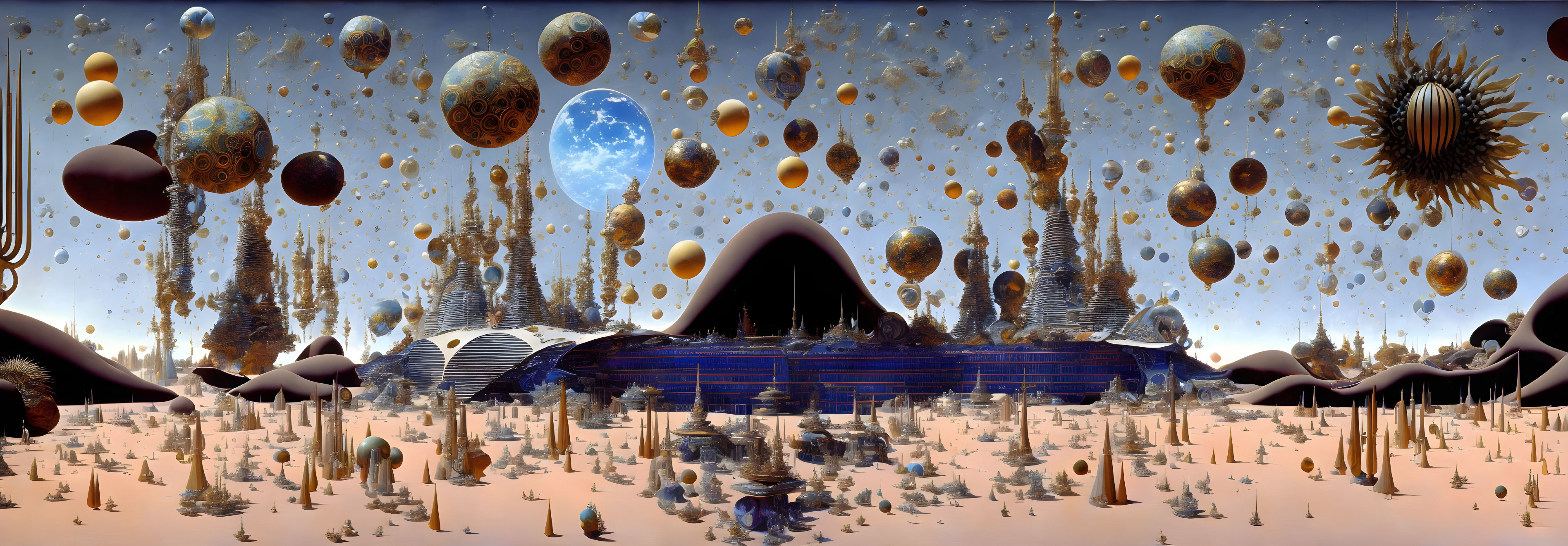 Alien landscape with floating spheres, towering spires, and celestial sky