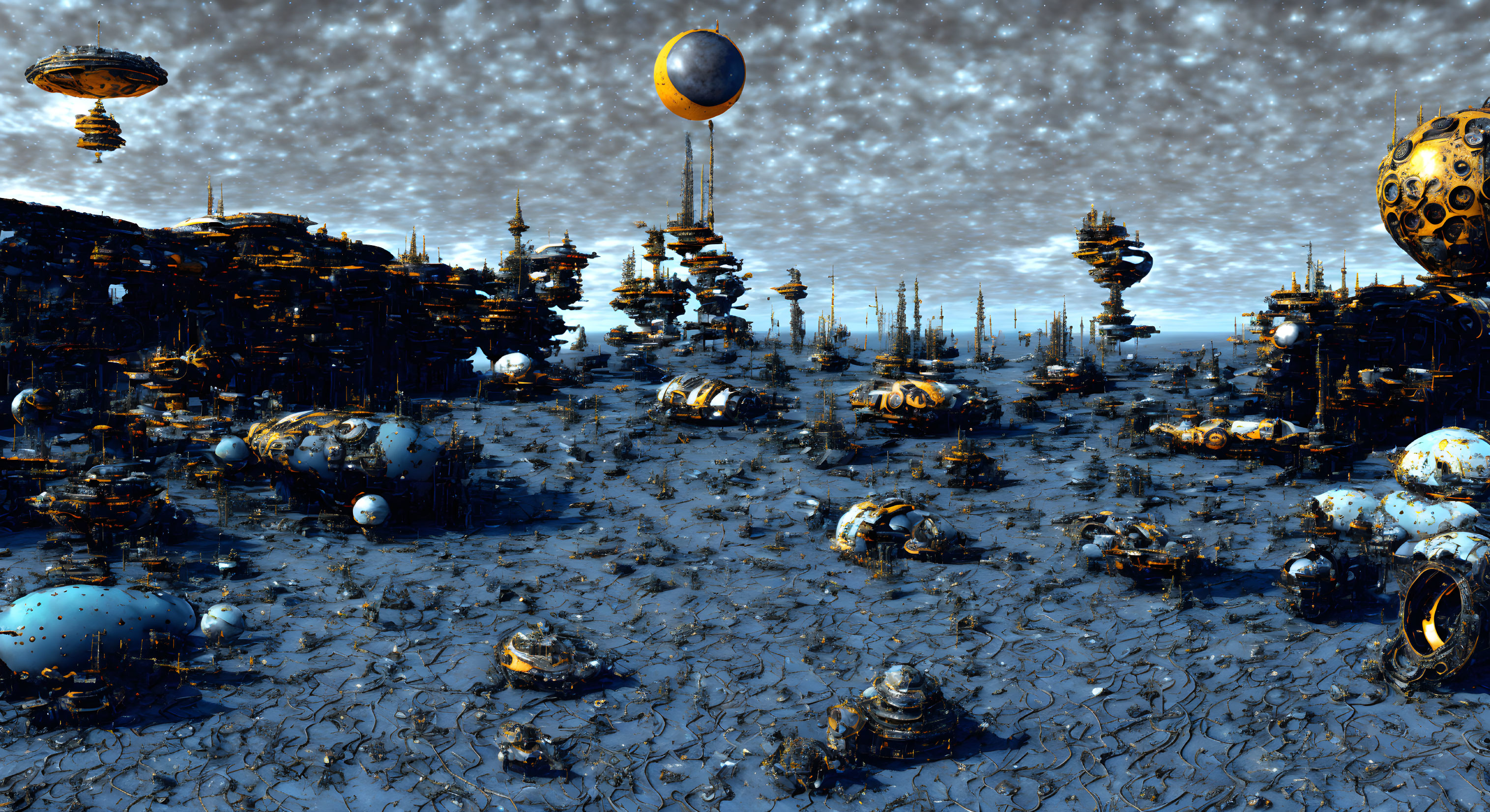 Alien Sci-Fi Landscape with Spherical Structures and Towers