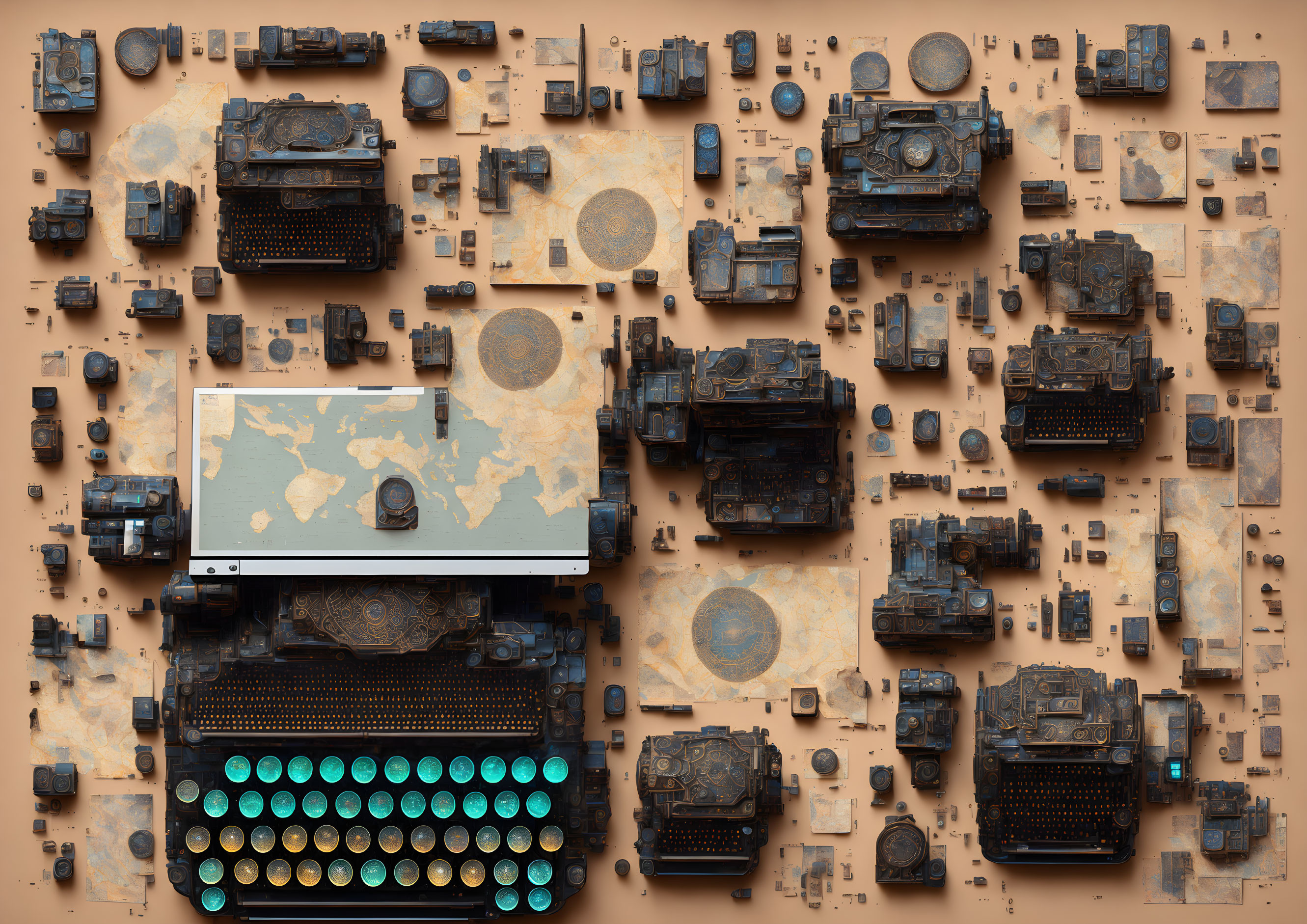 Metallic mechanical parts and round key typewriter on beige surface.