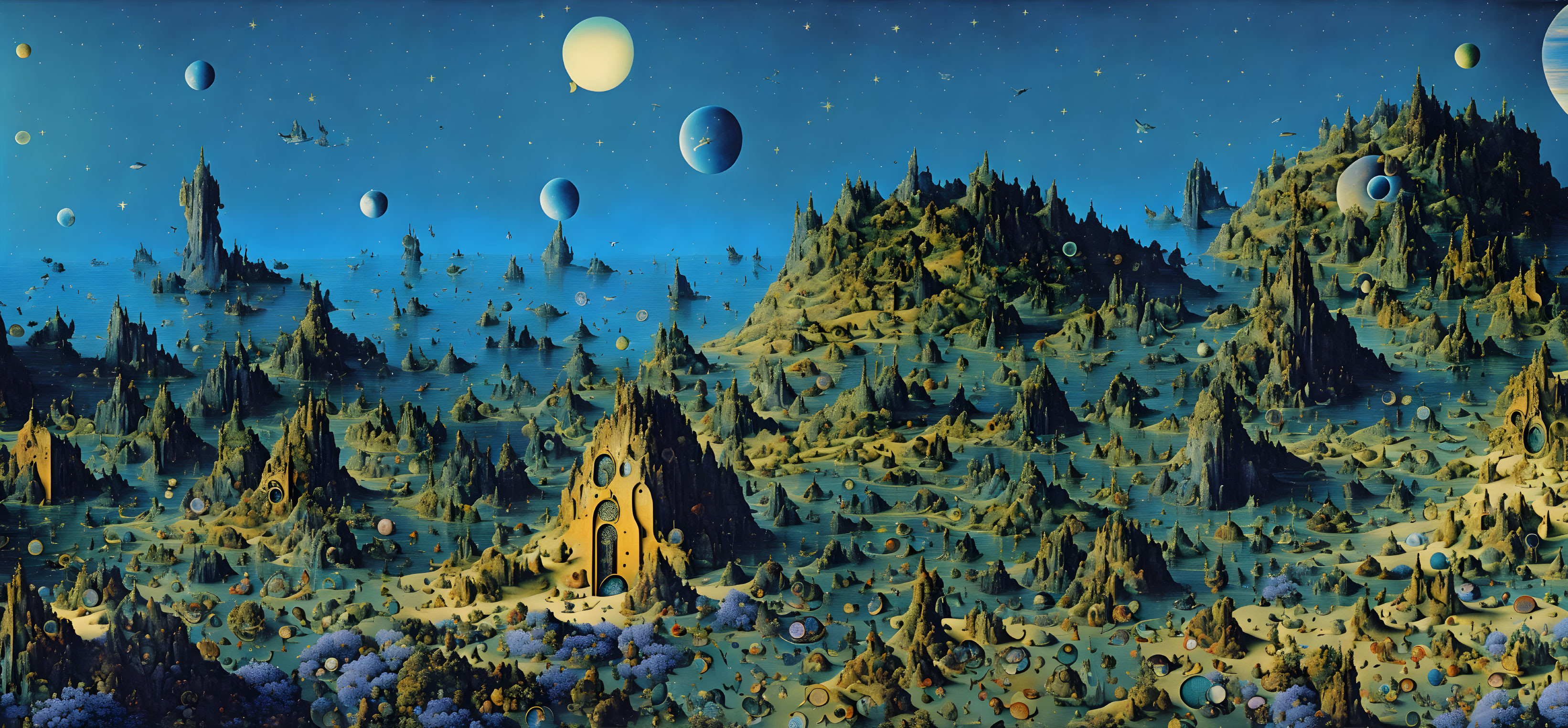 Fantastical landscape with floating islands and cosmic moons