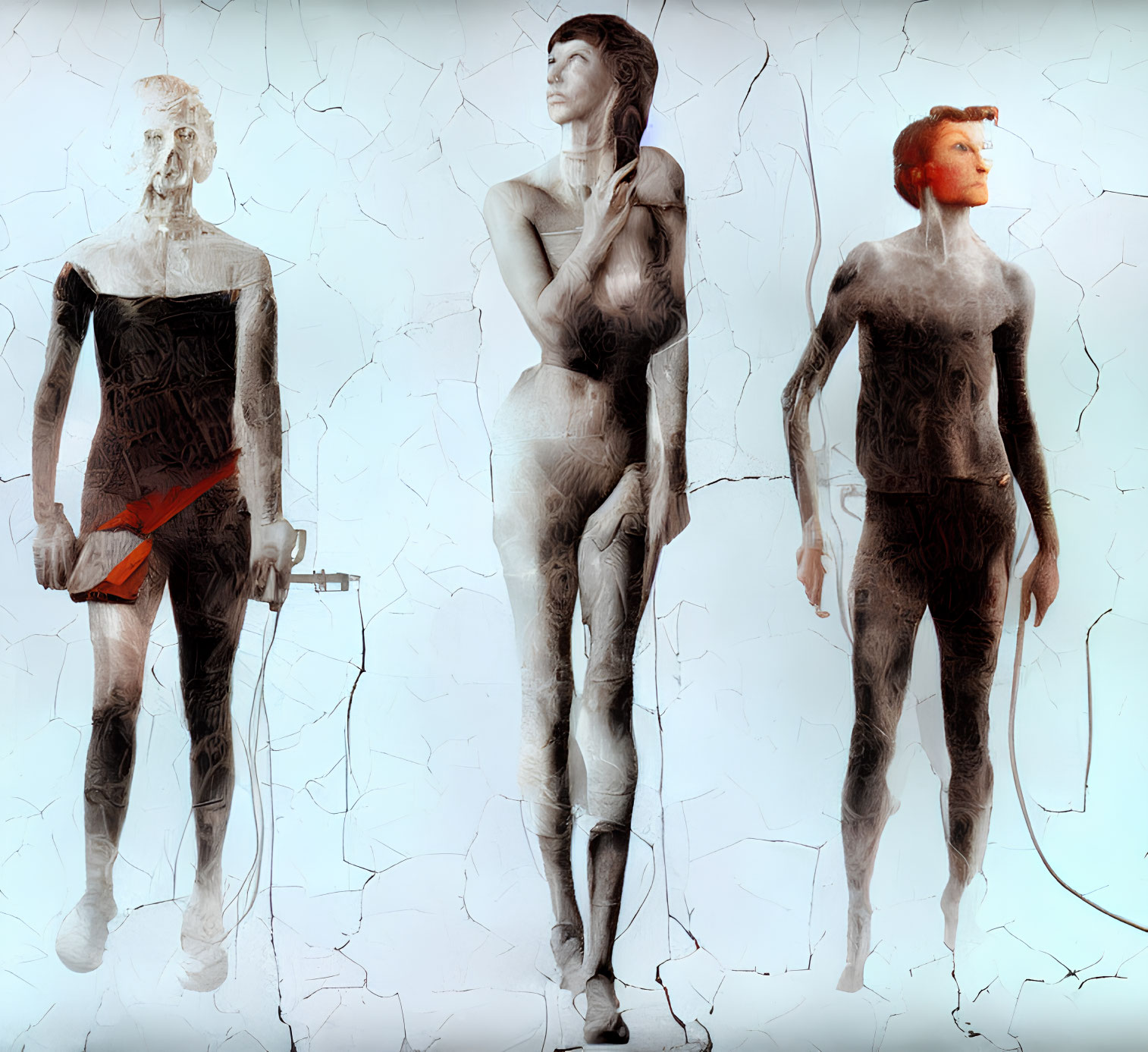 Stylized humanoid figures with textured skin on cracked light background.