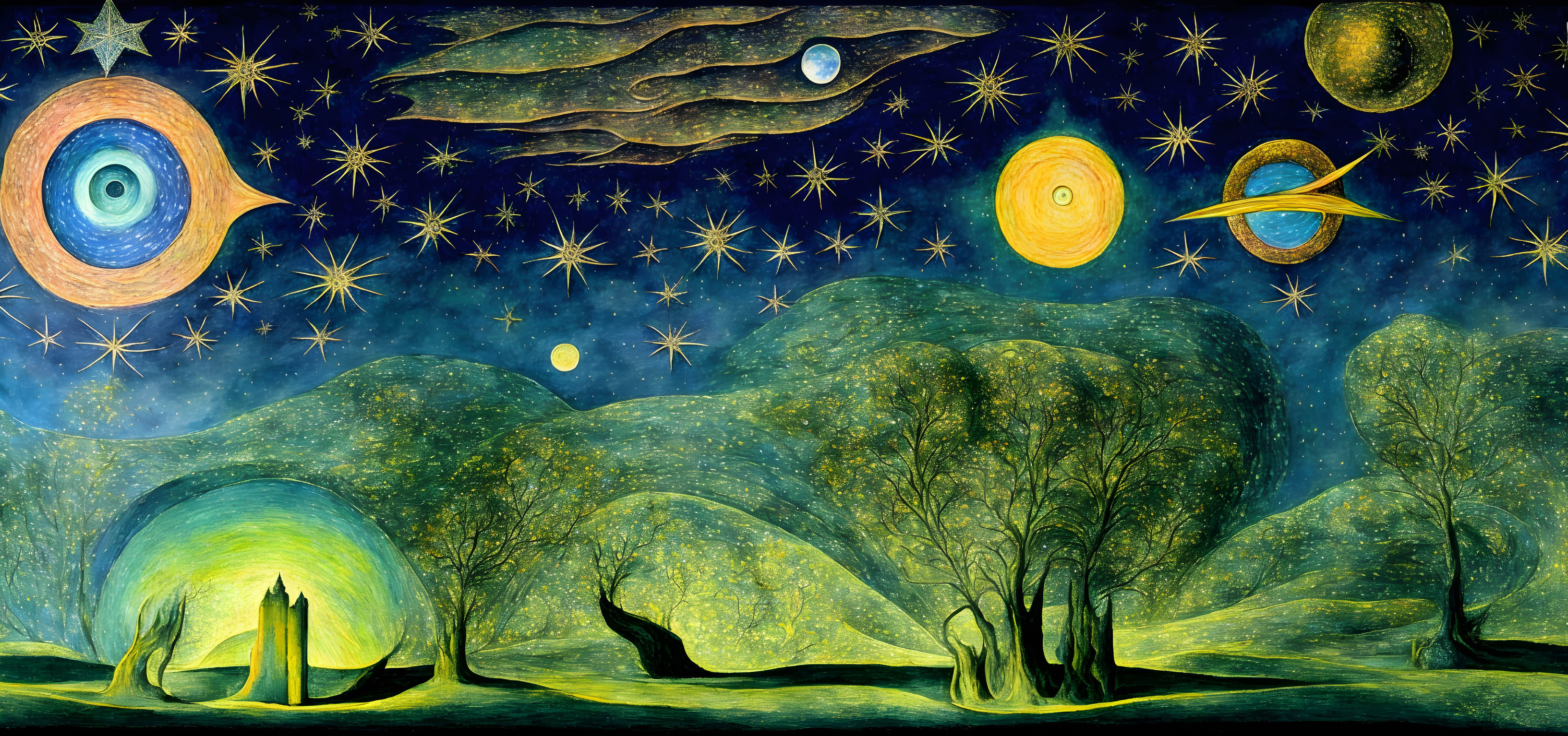 Colorful painting of starry sky, stylized eye, celestial bodies, green hills.