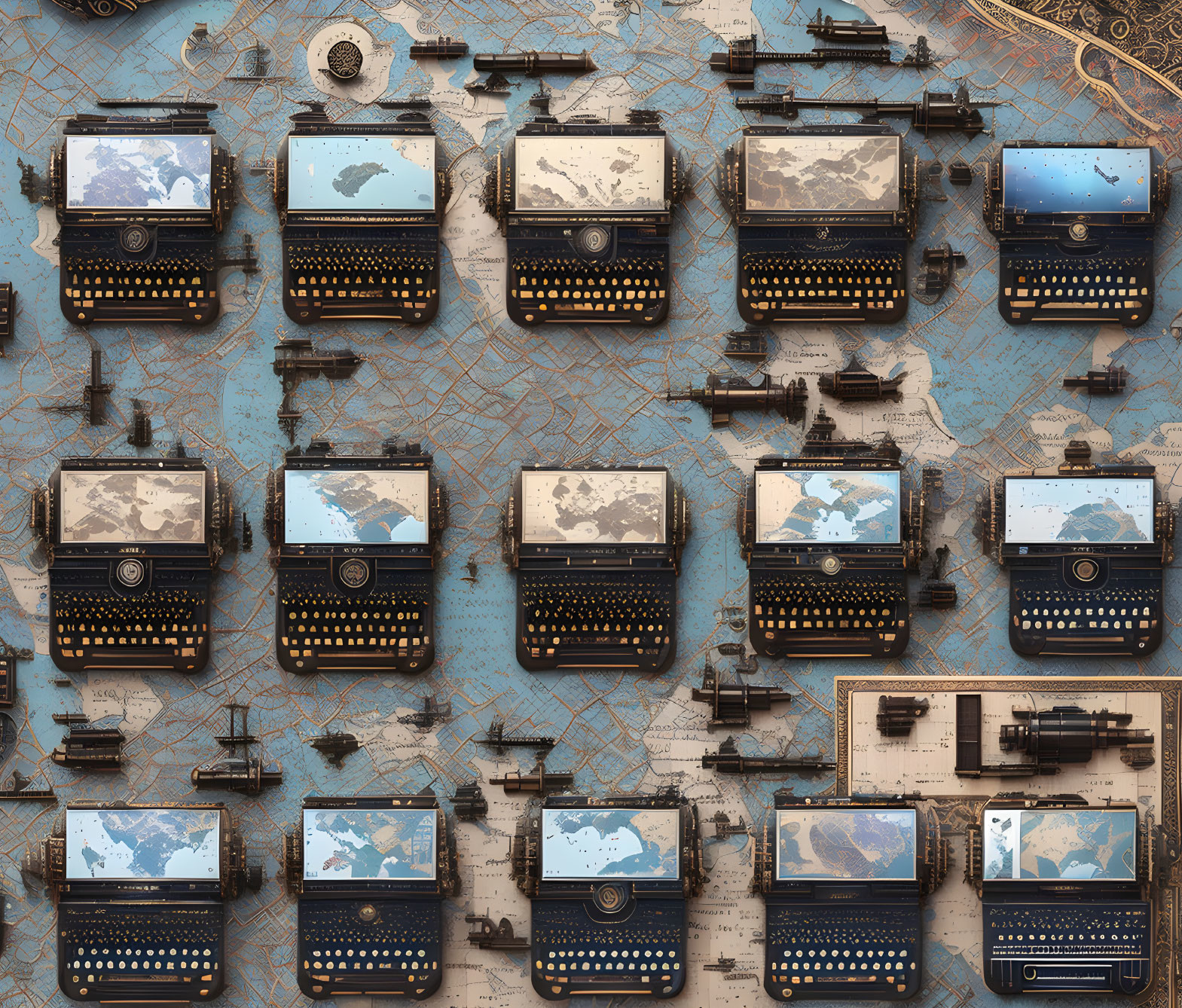 Vintage Typewriters with World Map Designs on Map-Themed Background