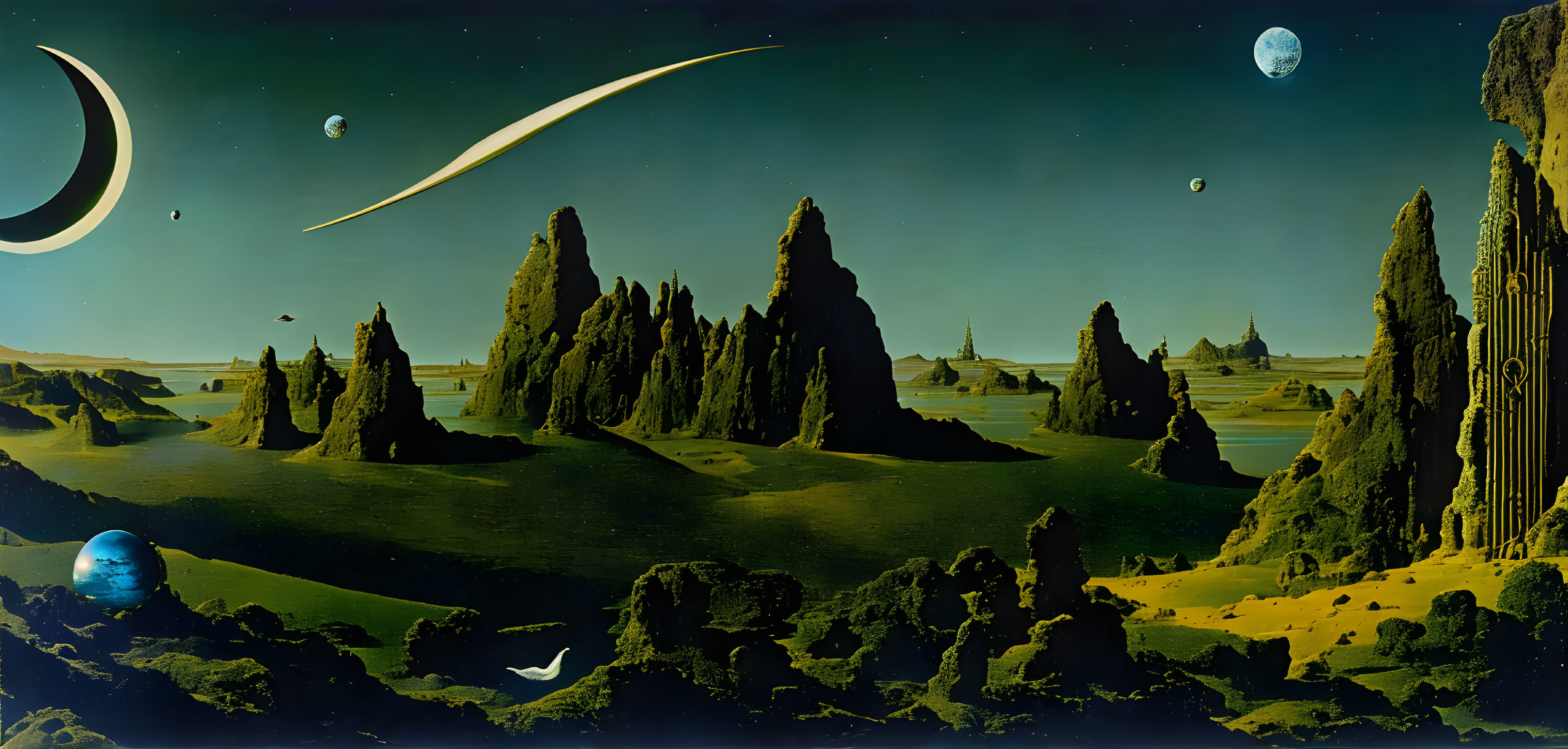 Surreal landscape with towering rock formations, green field, multiple moons, and comet.