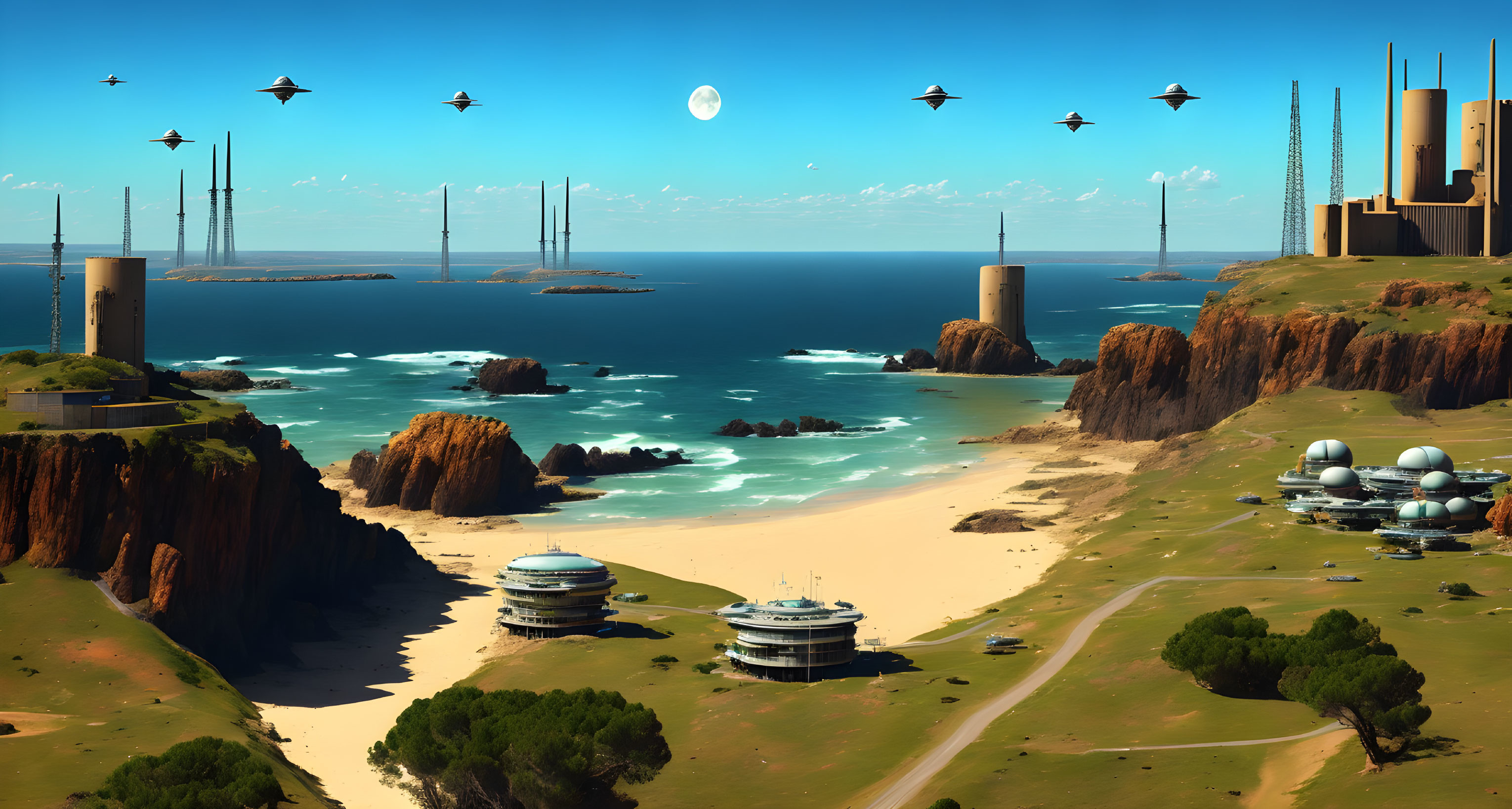 Advanced coastal cityscape with flying vehicles and large moon.