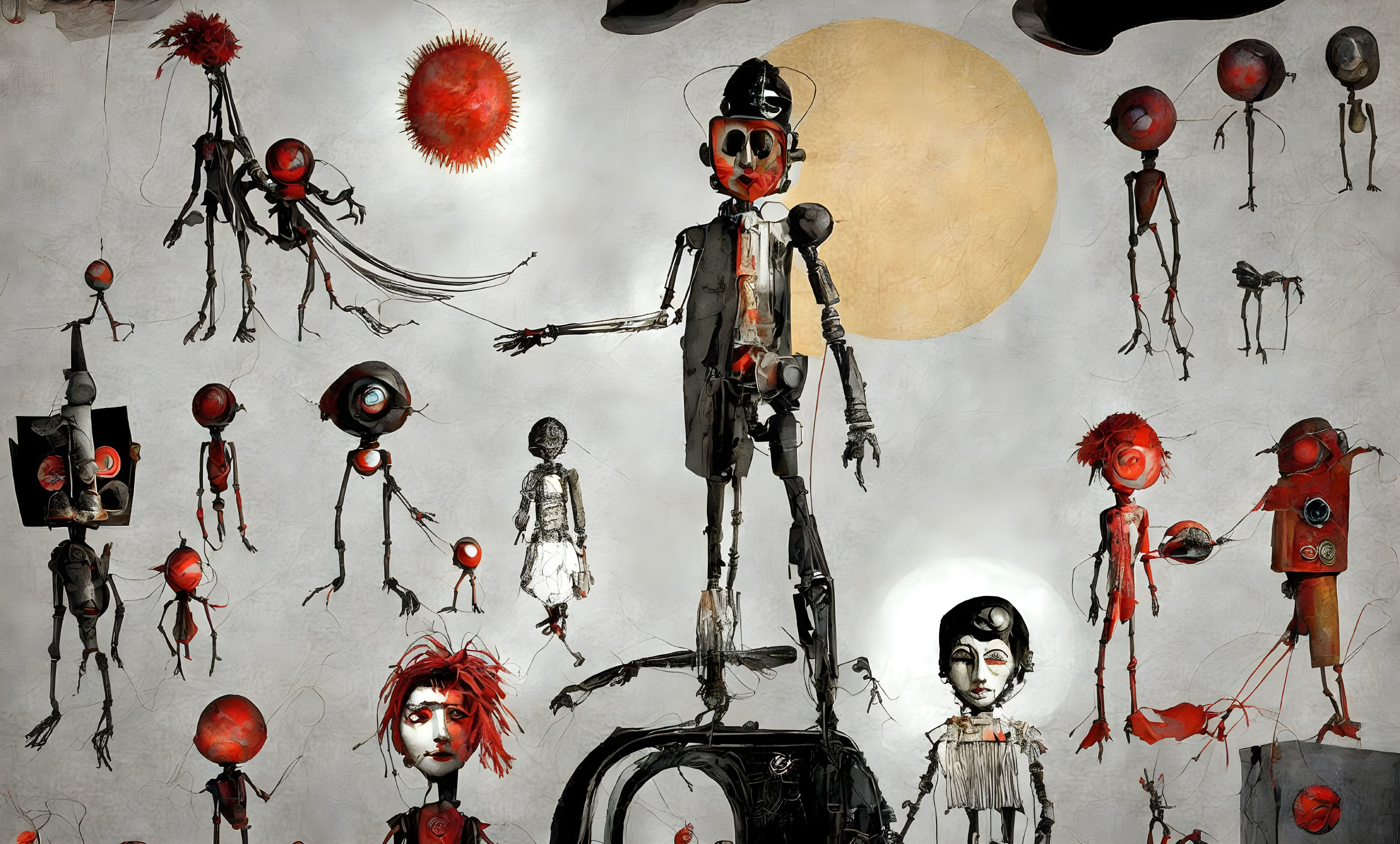 Abstract surreal artwork with humanoid figures, floating orbs, and cream moon on gray backdrop