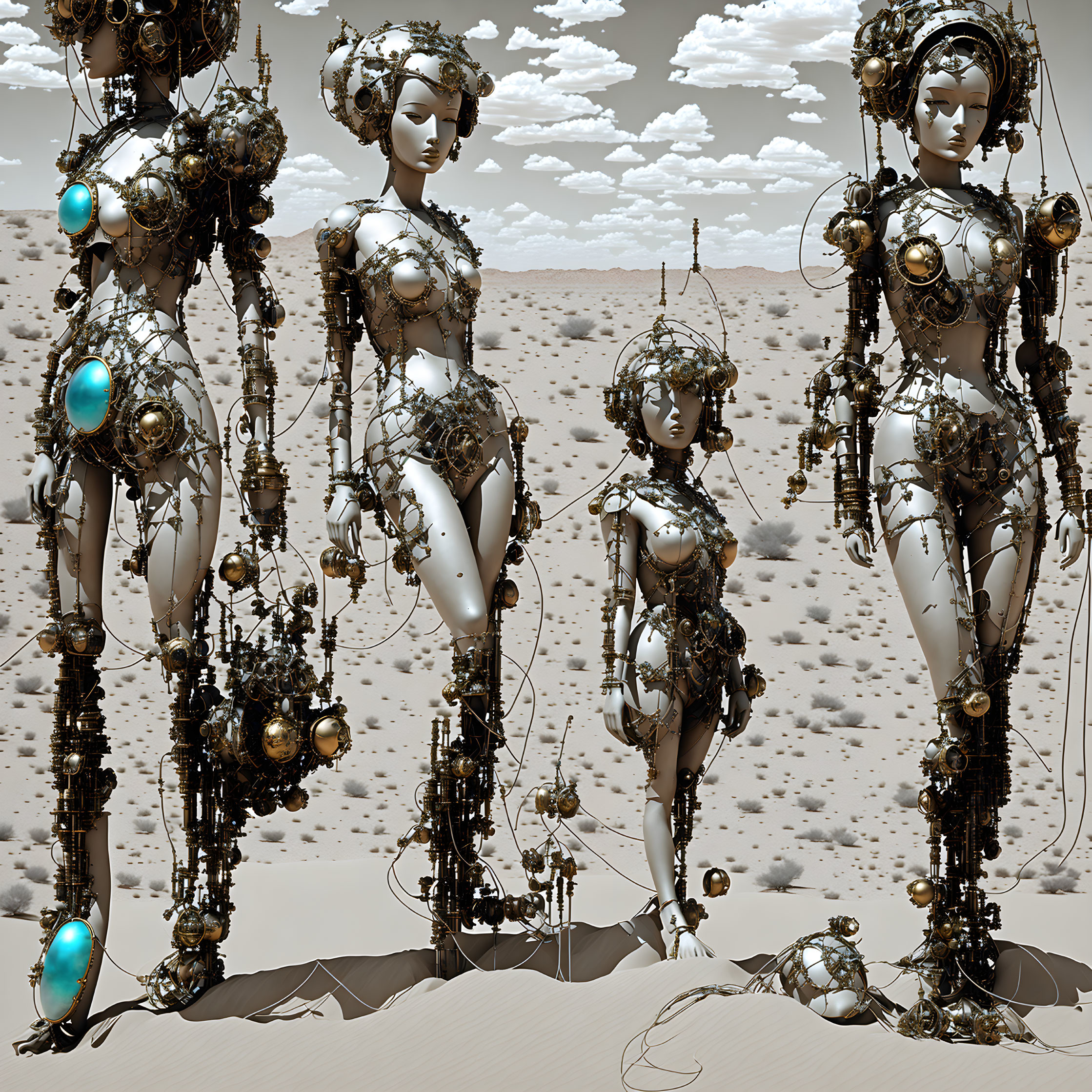 Three steampunk-style female androids in desert with mechanical parts.