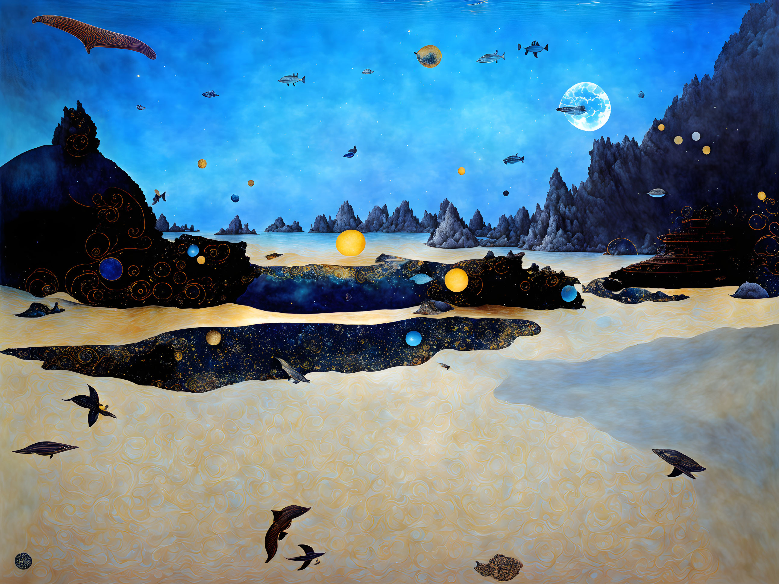 Surreal landscape with starry sea, flying fish, soaring stingrays, and celestial sky.