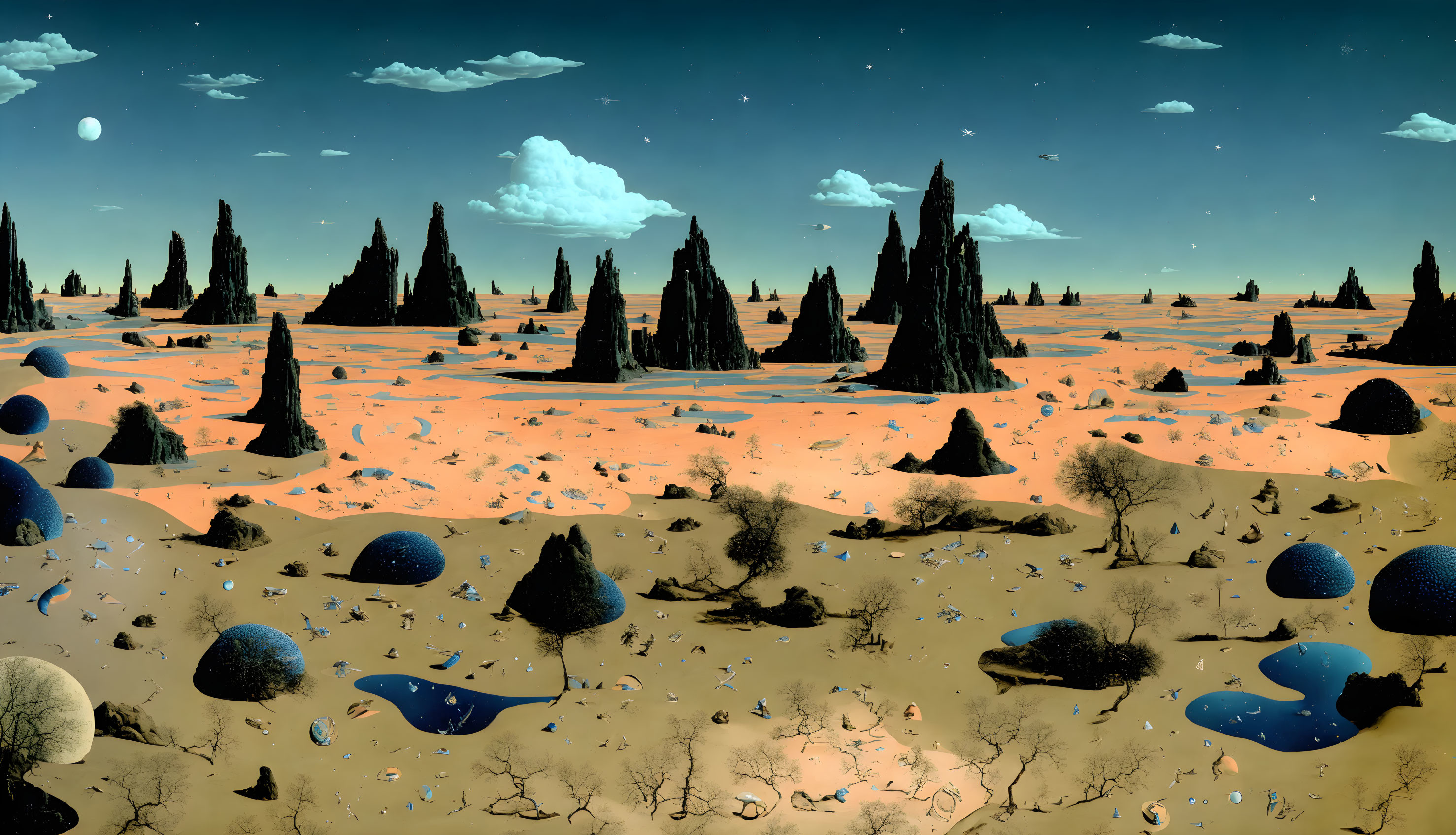 Surreal desert landscape with towering spires, blue orbs, and multiple moons in twilight sky