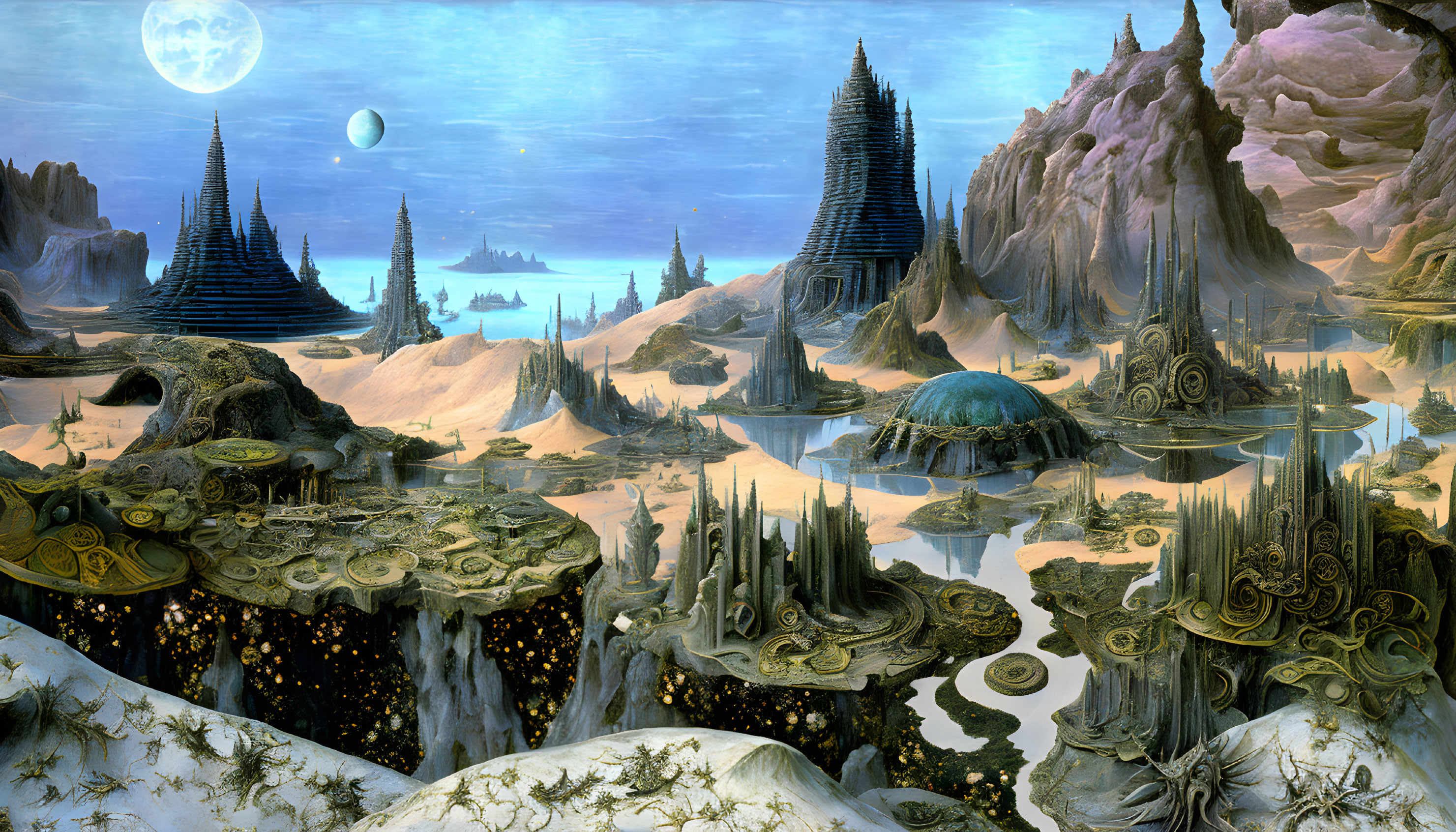 Fantasy landscape with ornate towers, reflective water bodies, floating structures under moonlit sky.