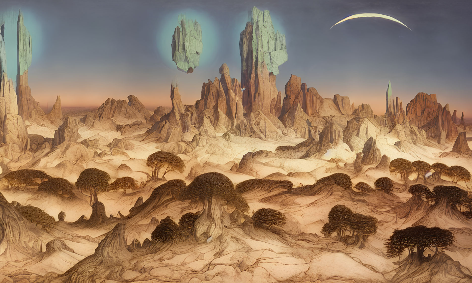 Fantasy landscape with towering rock formations and Baobab-like trees