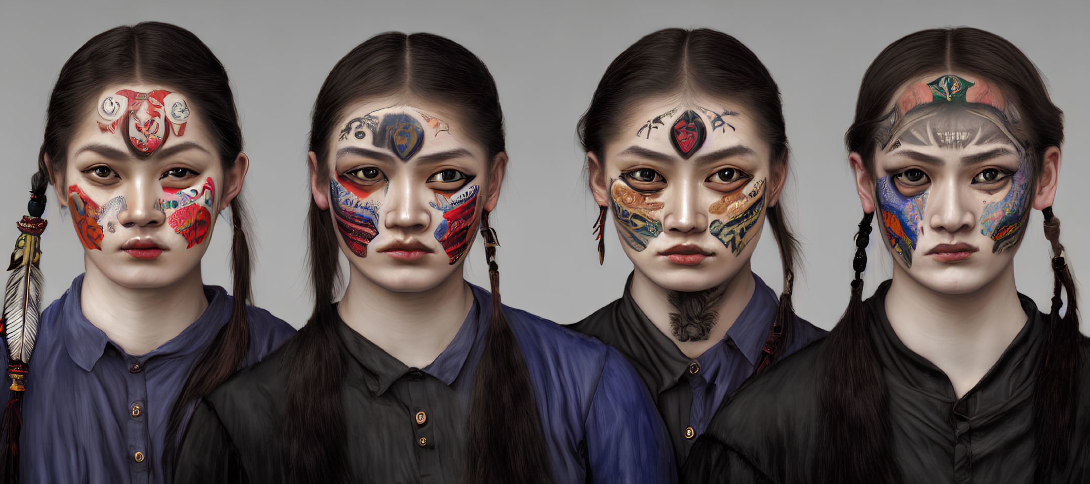 Four individuals with intricate face paint and braided hair against a grey backdrop showcasing traditional patterns and modern art