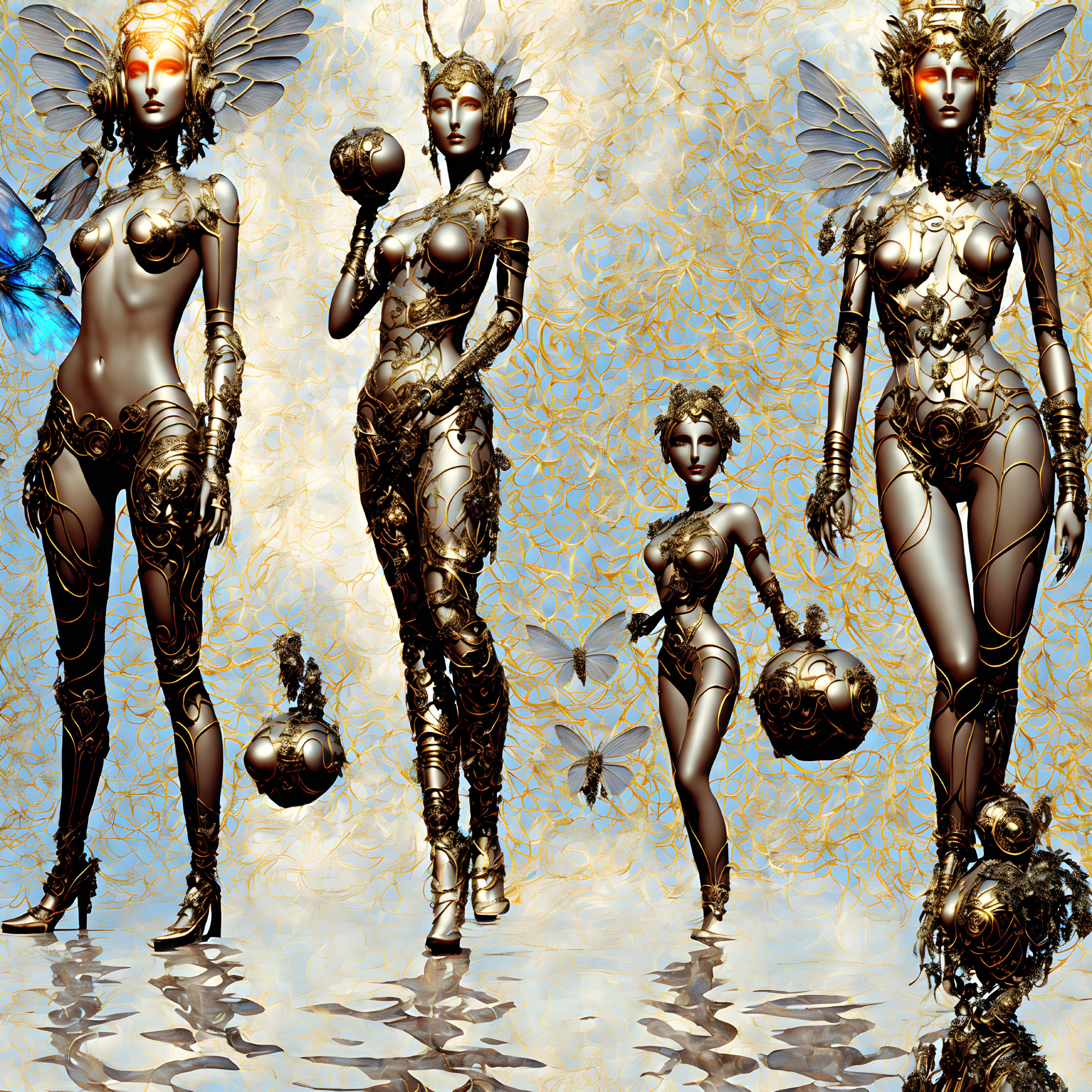 Three gold-toned female robot figures in different assembly stages with intricate designs and a butterfly.