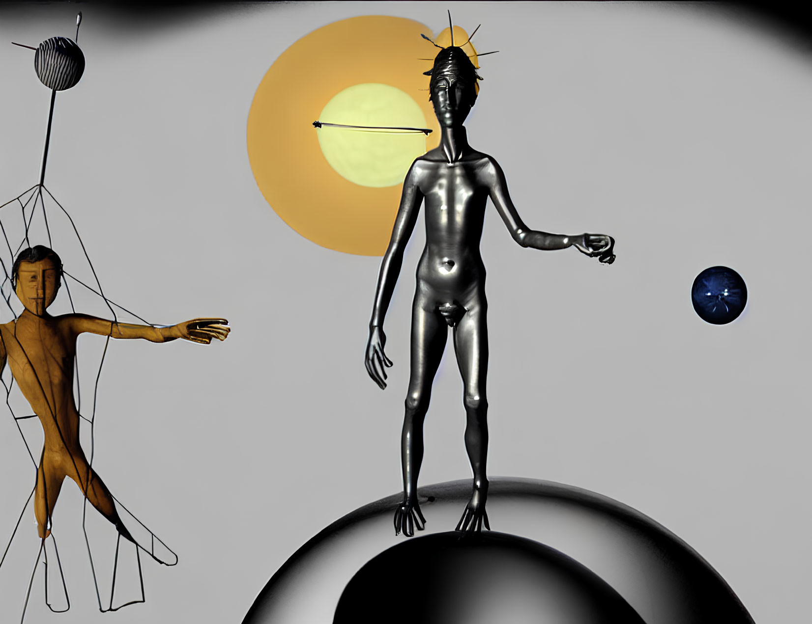 Surreal digital artwork: humanoid figures, cosmic setting, yellow orb, blue planet