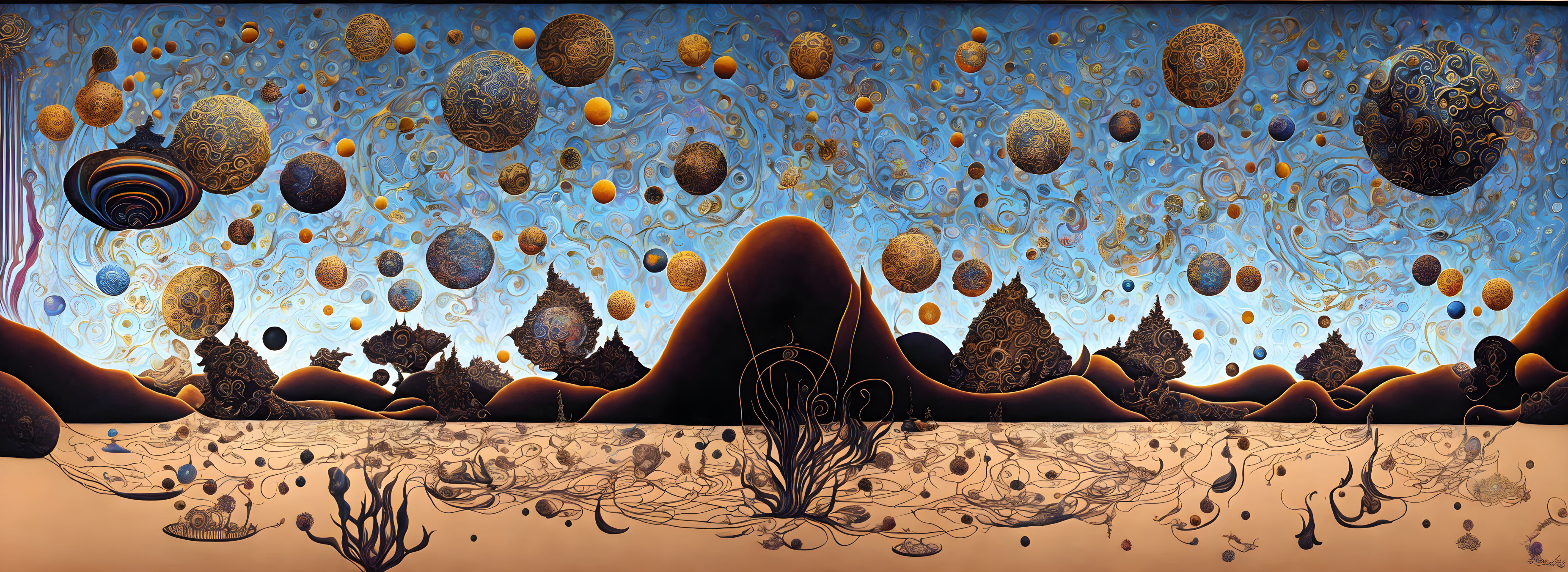 Panoramic fantasy landscape with surreal celestial objects above desert-like terrain