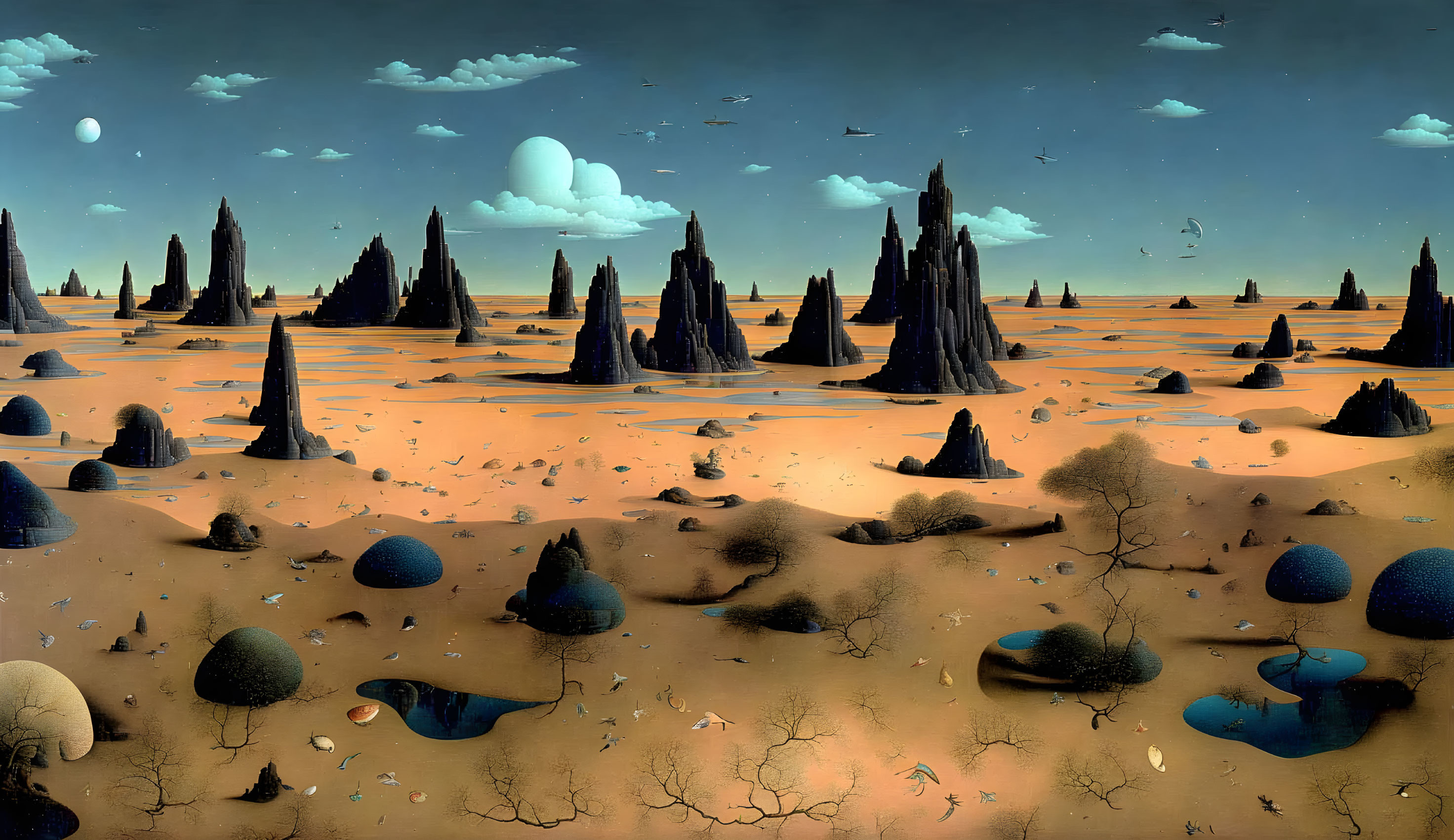 Surreal desert landscape with towering rock formations and stylized trees