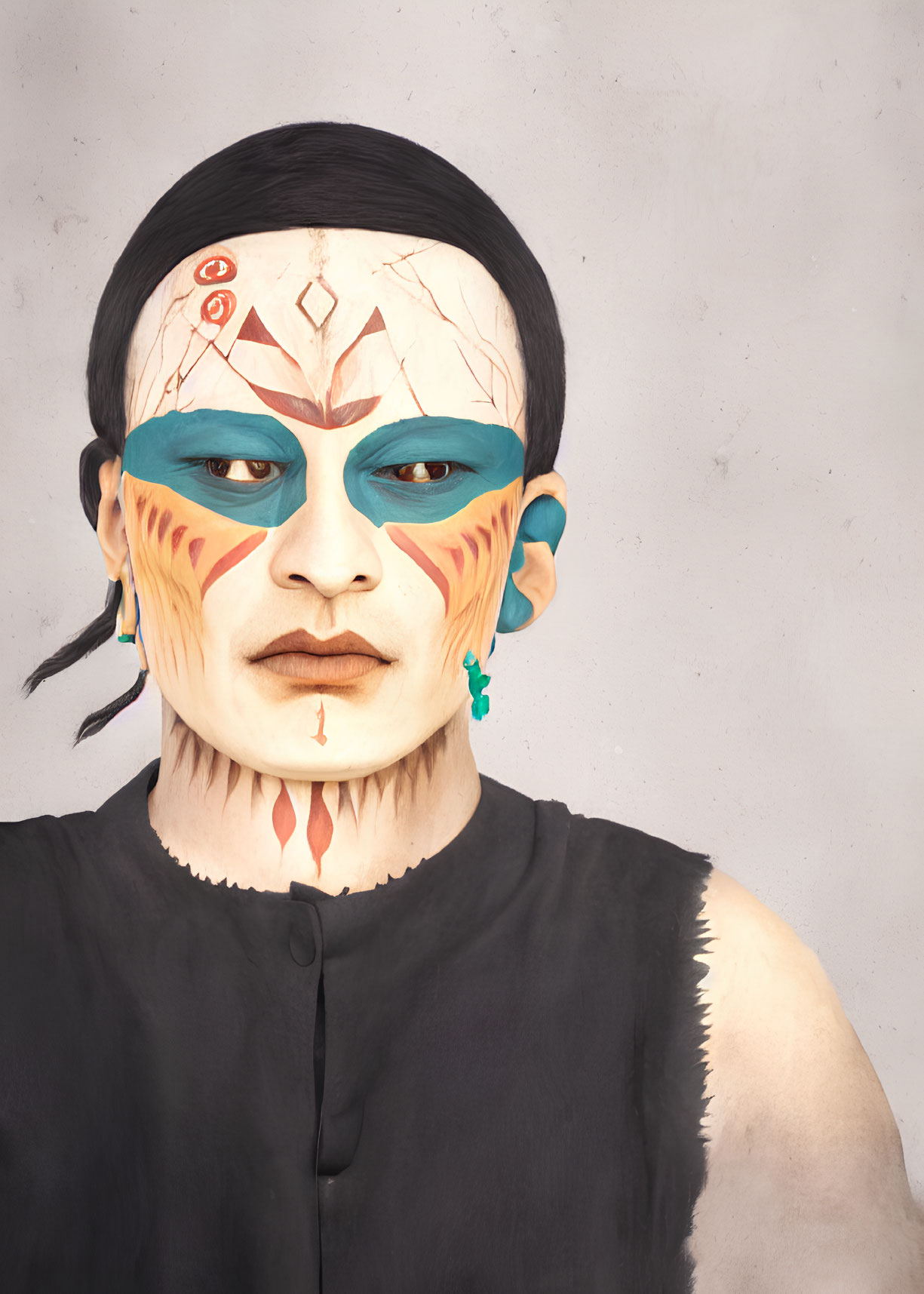 Person with Red and Yellow Face Paint and Cracked Forehead Symbol on Neutral Background