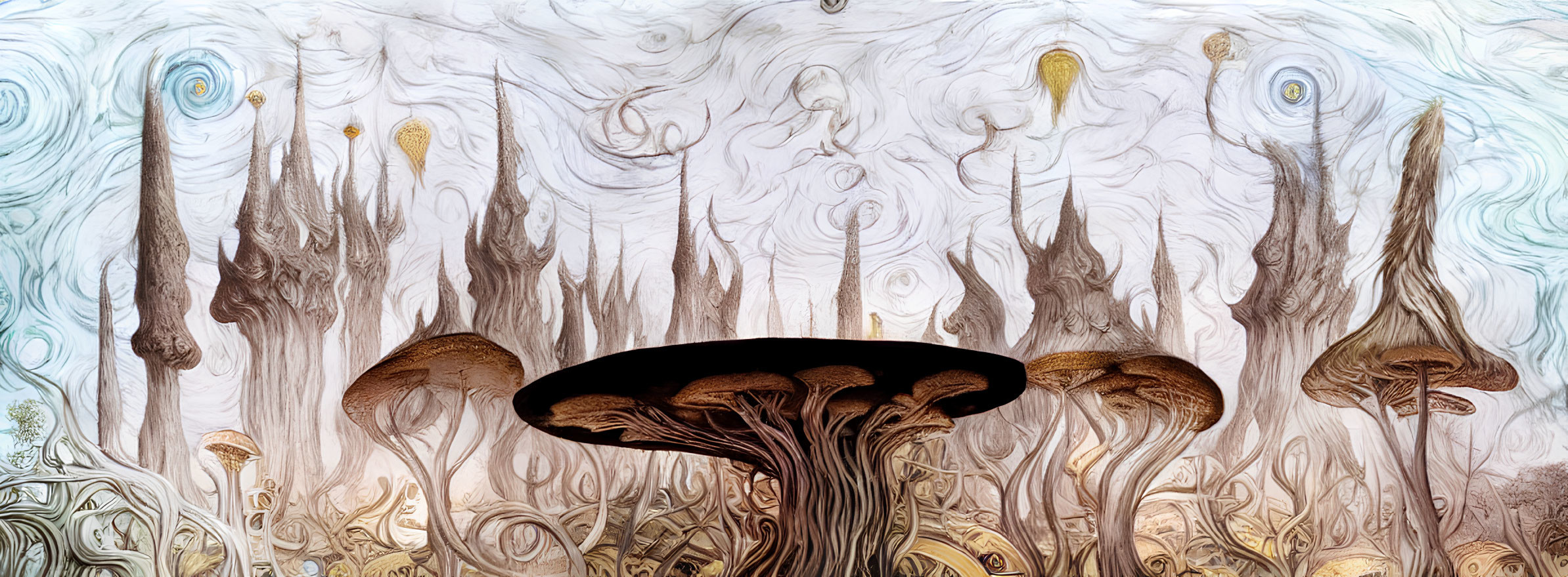 Surreal forest artwork with mushroom-like structures