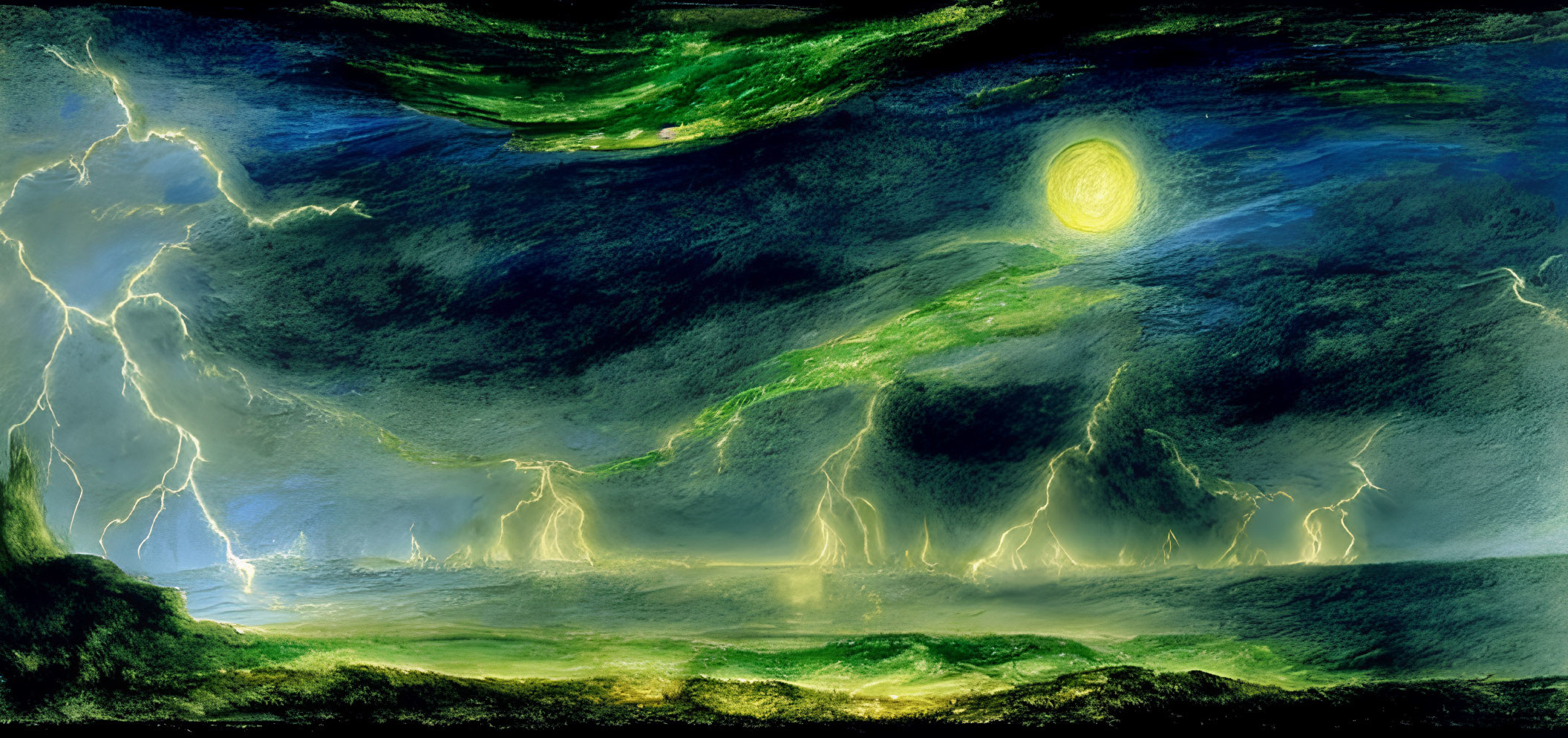 Dramatic digital painting of tempestuous night sky with lightning bolts and yellow moon.