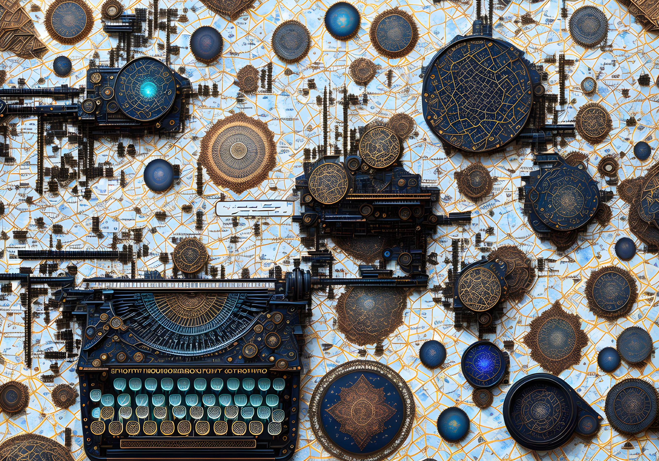 Vintage Steampunk Typewriter with Intricate Gear Patterns