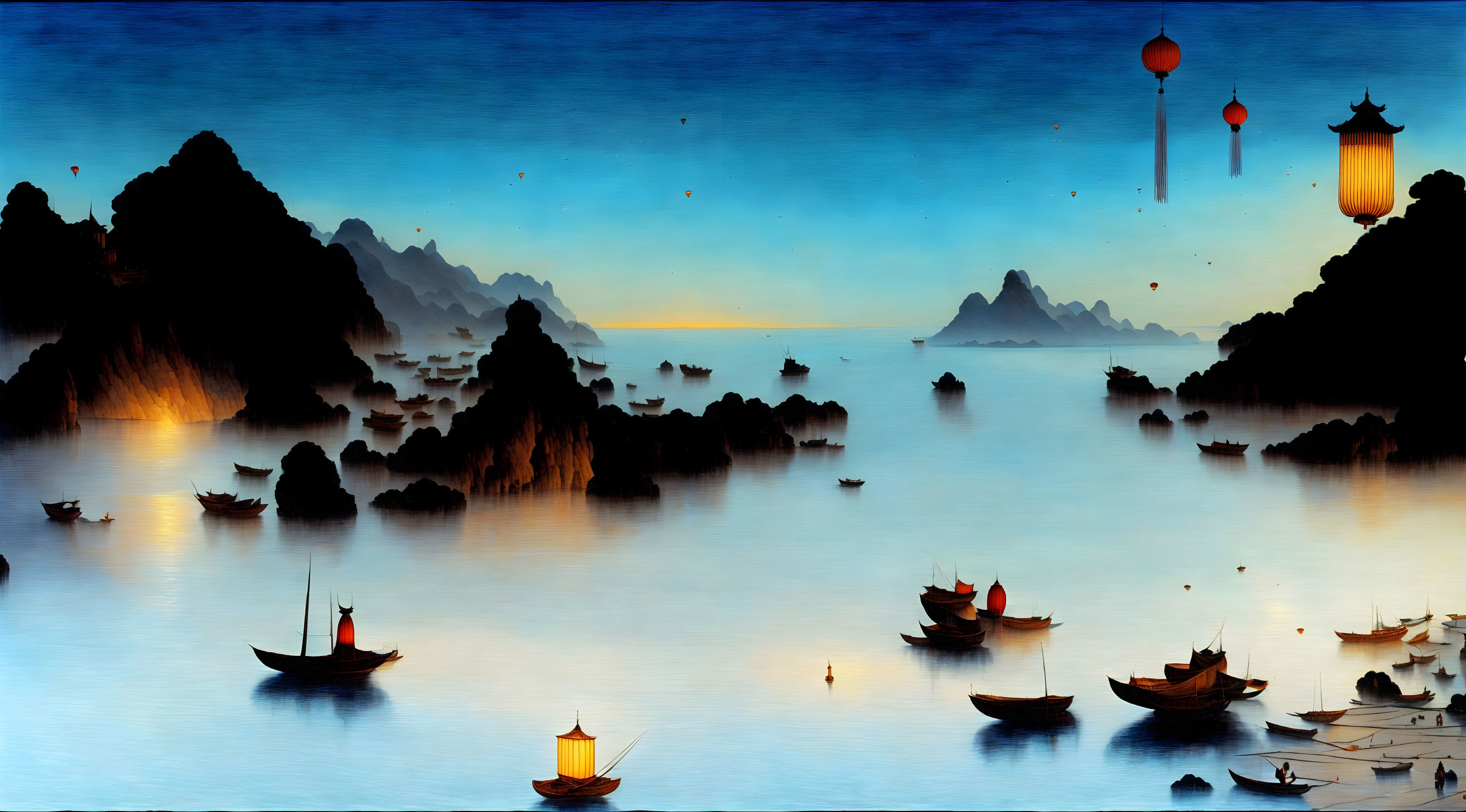 Serene sea with small boats, mountains, lantern-lit twilight sky