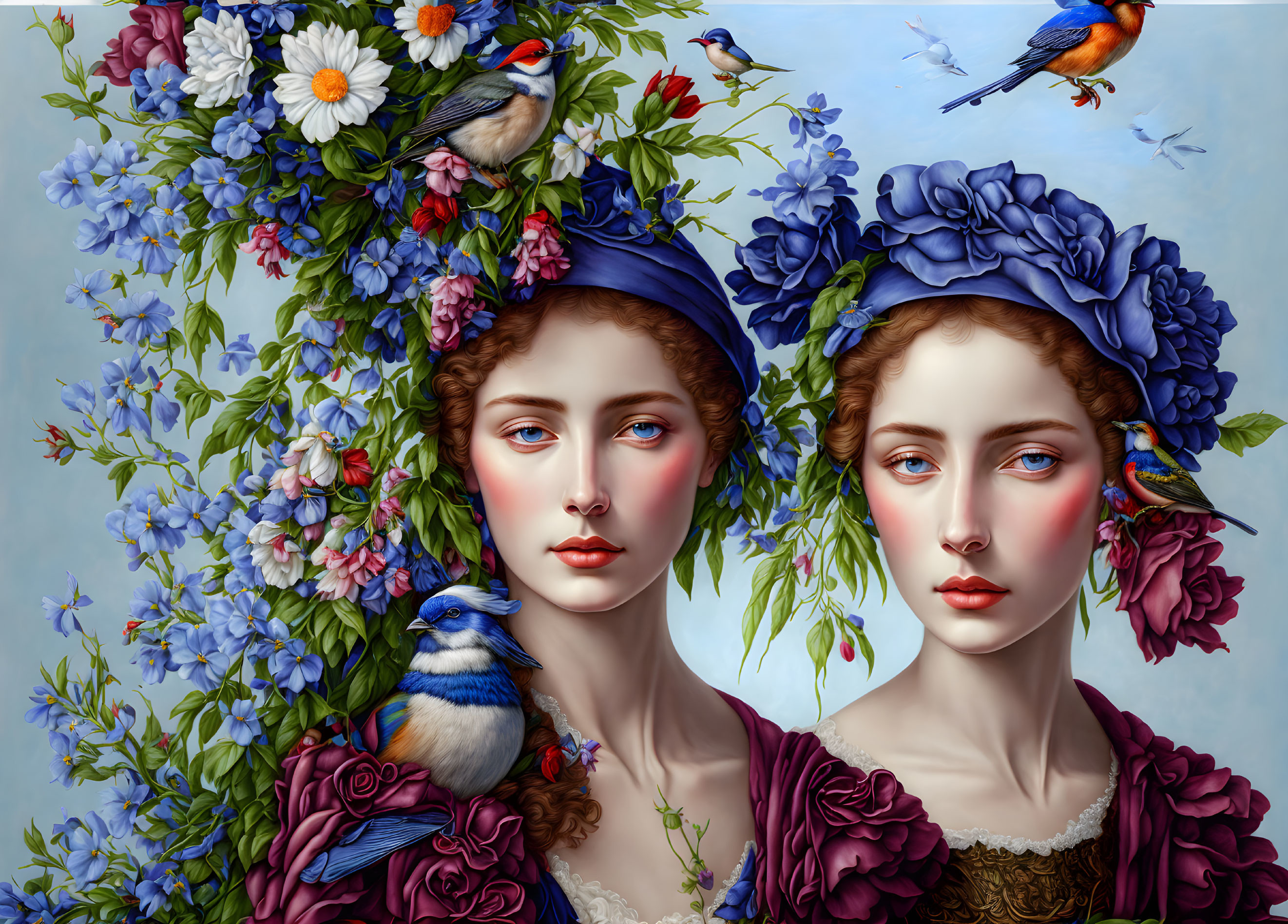 Women in Floral and Feathered Hats Surrounded by Blossoms and Birds