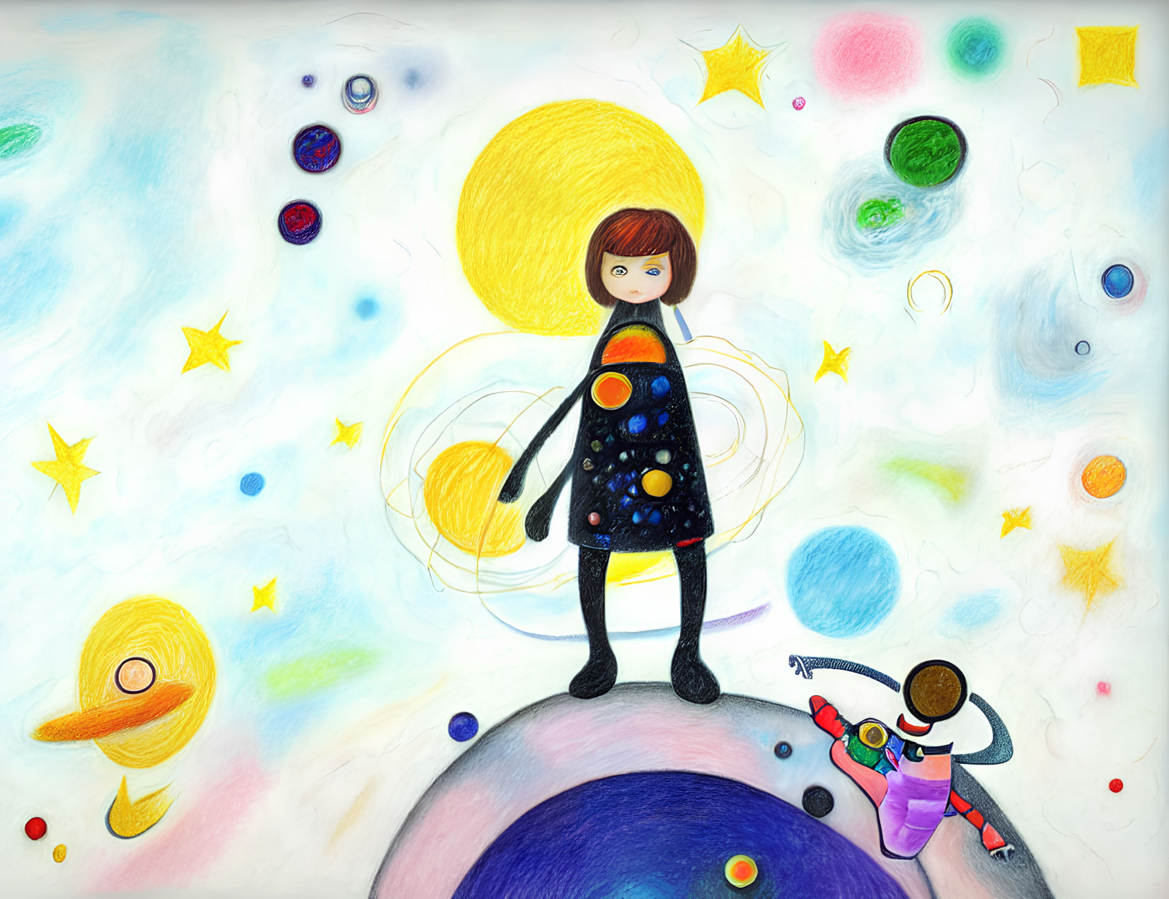 Vibrant space-themed child illustration with planets and stars