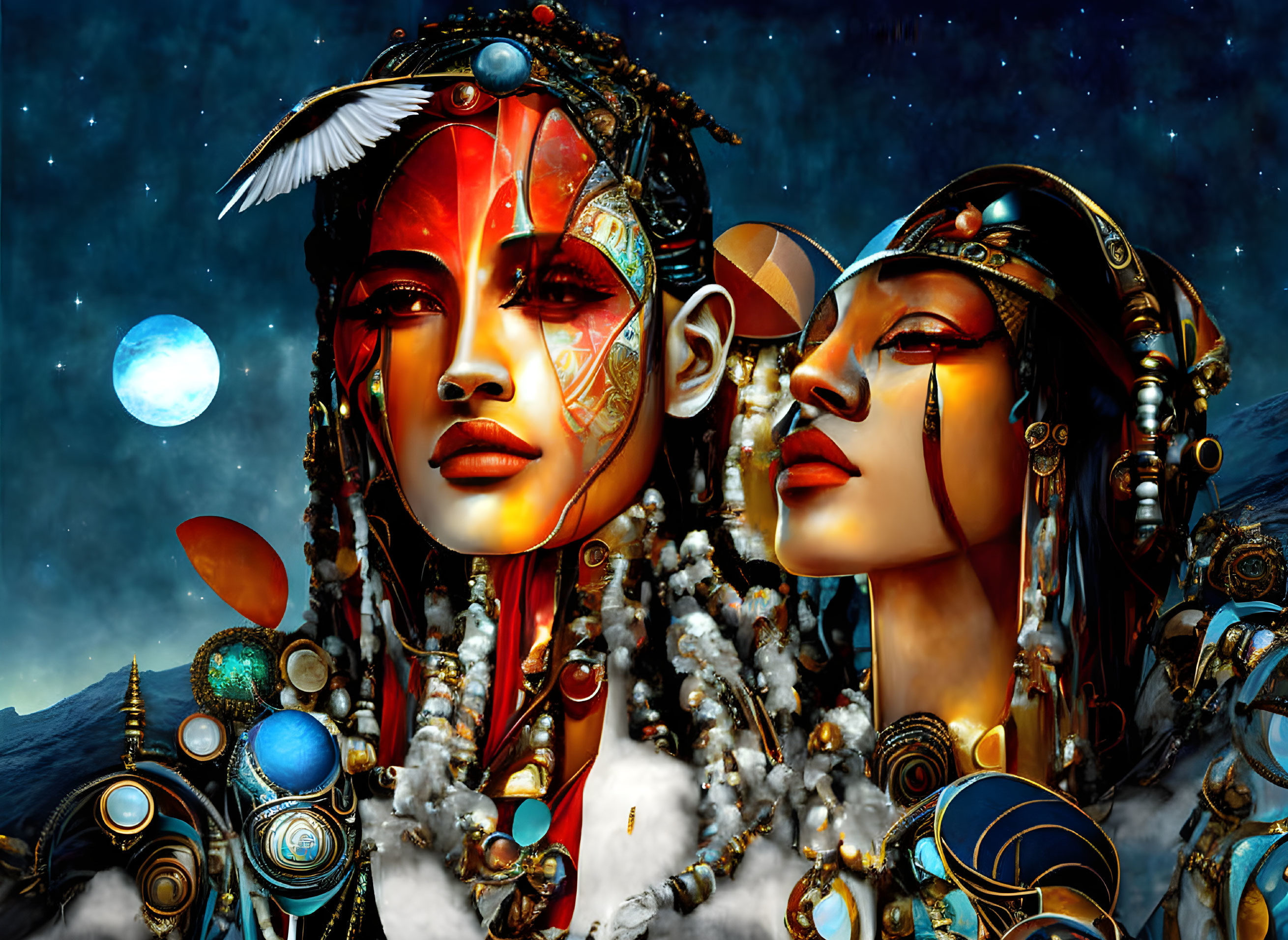 Stylized futuristic female figures with ornate headpieces and makeup in cosmic setting