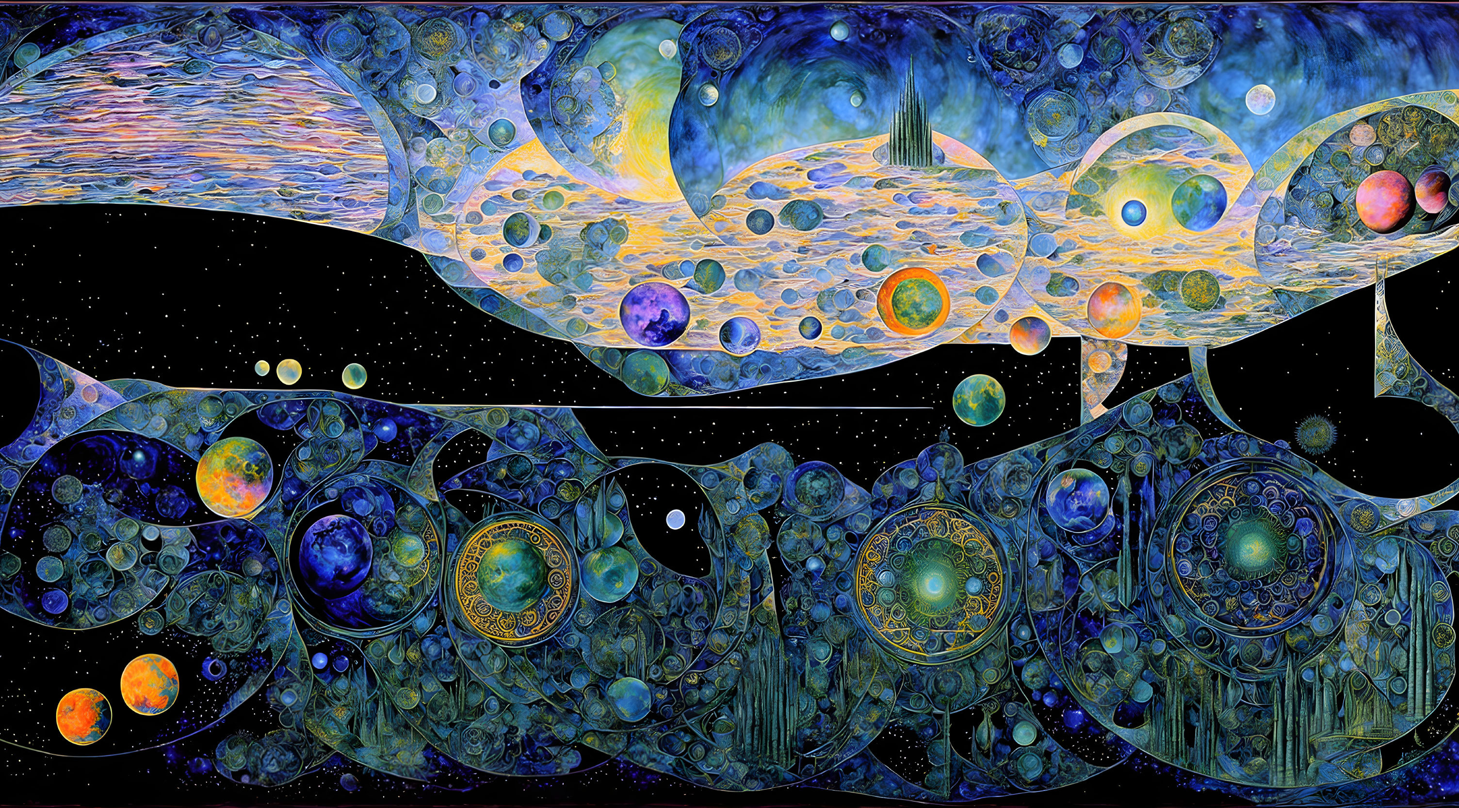 Colorful celestial tapestry with swirling patterns and cosmic bodies in dark space