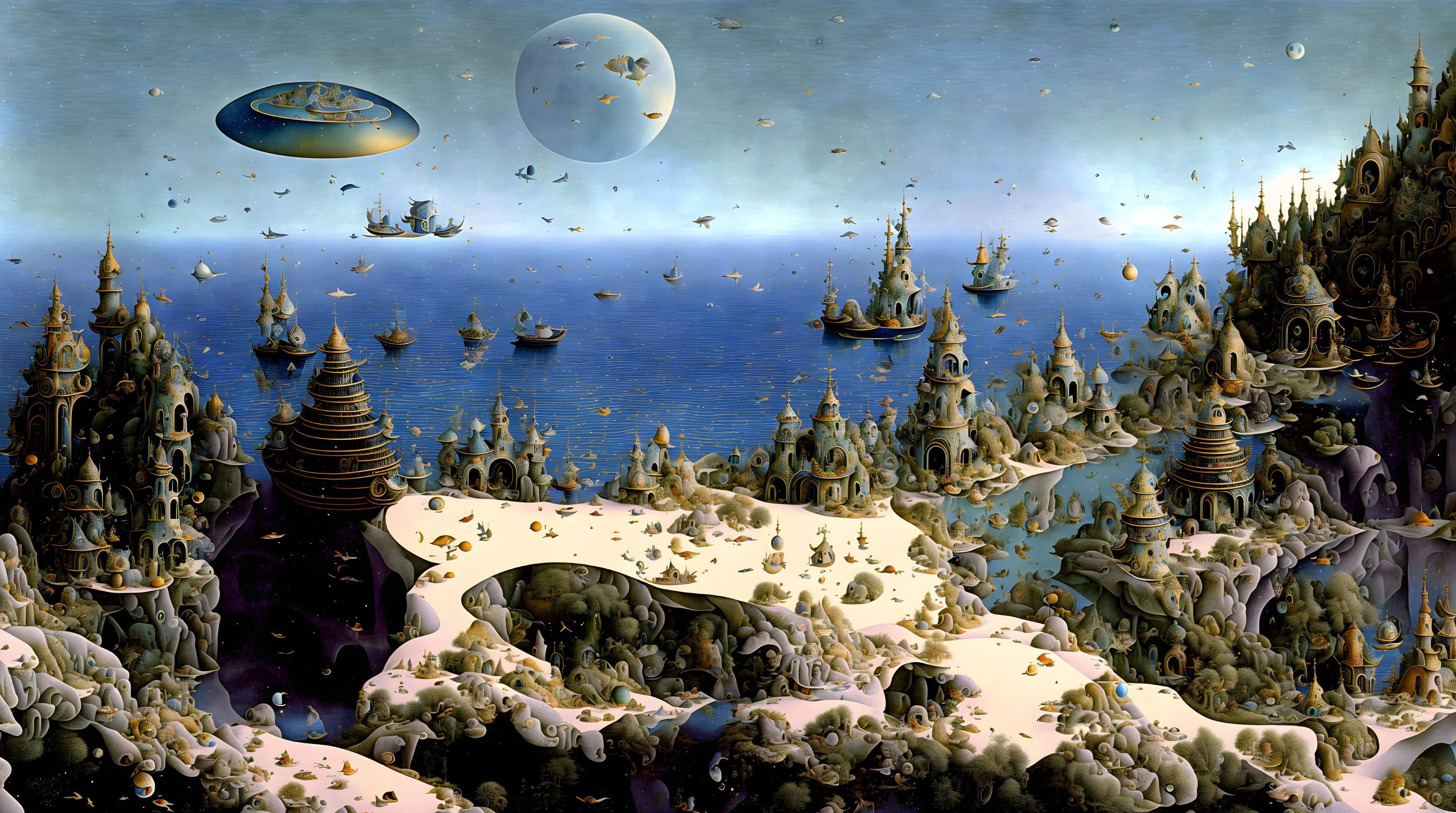 Fantastical art: surreal landscape with castle-like structures, floating ships, moon, and planet in