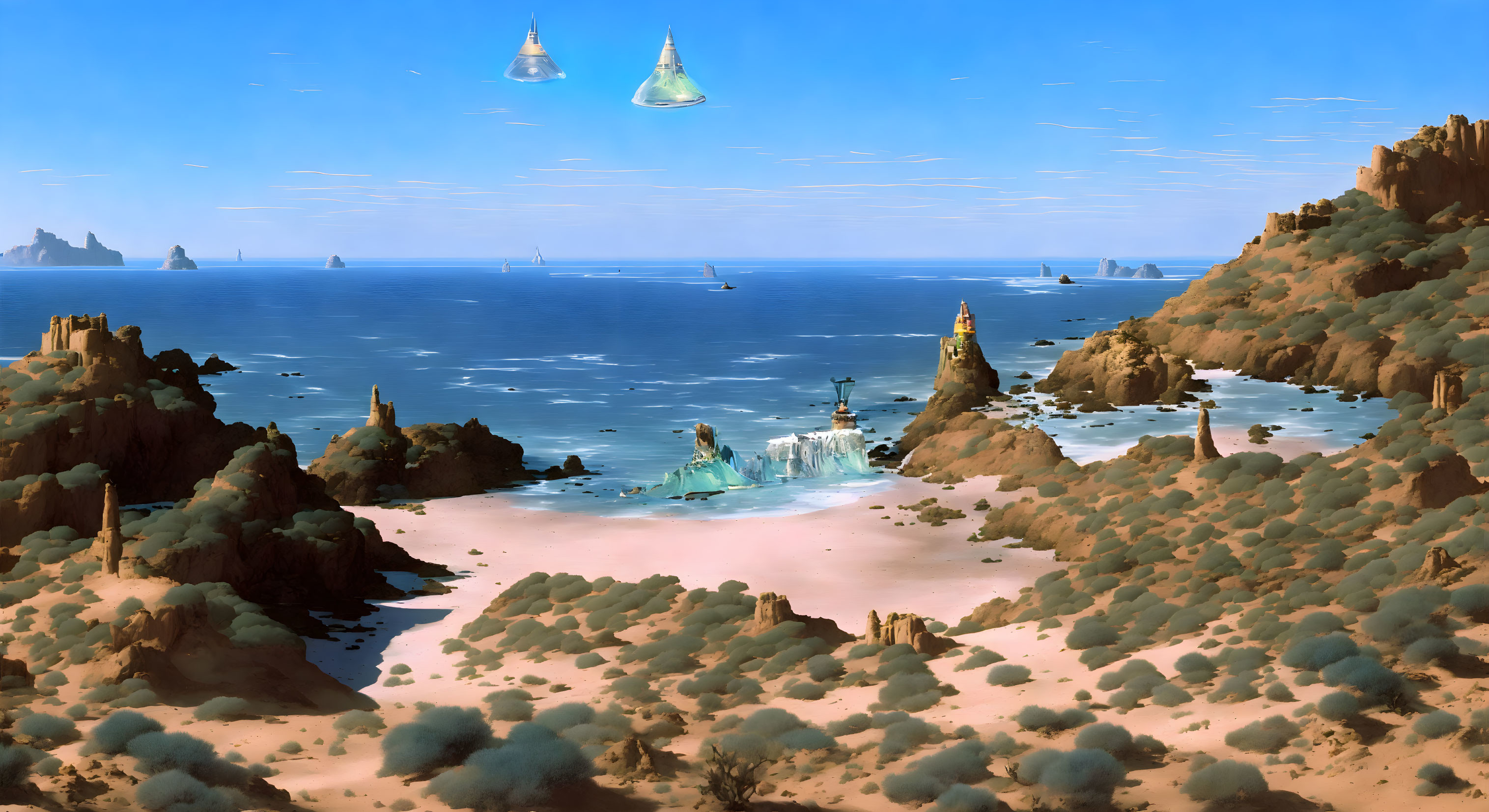 Rocky cliffs and lush bushes on serene beach with futuristic metallic structures in the distance.