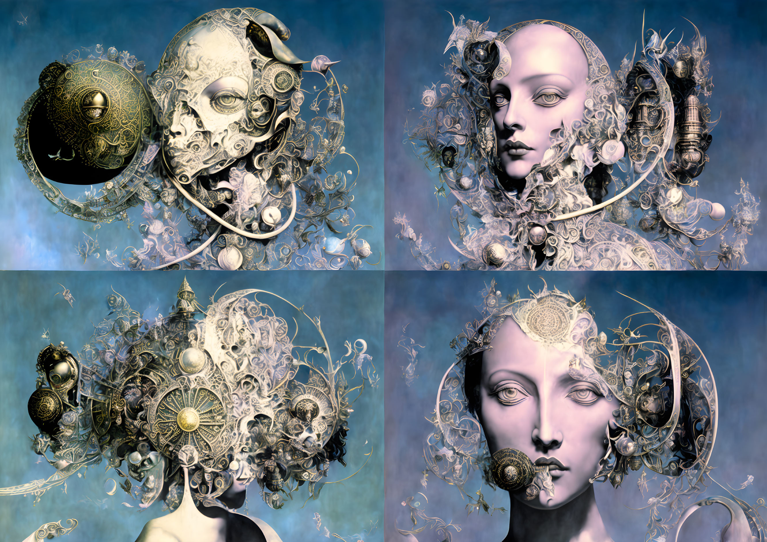 Surreal portraits: mechanical elements with classical feminine features on blue background