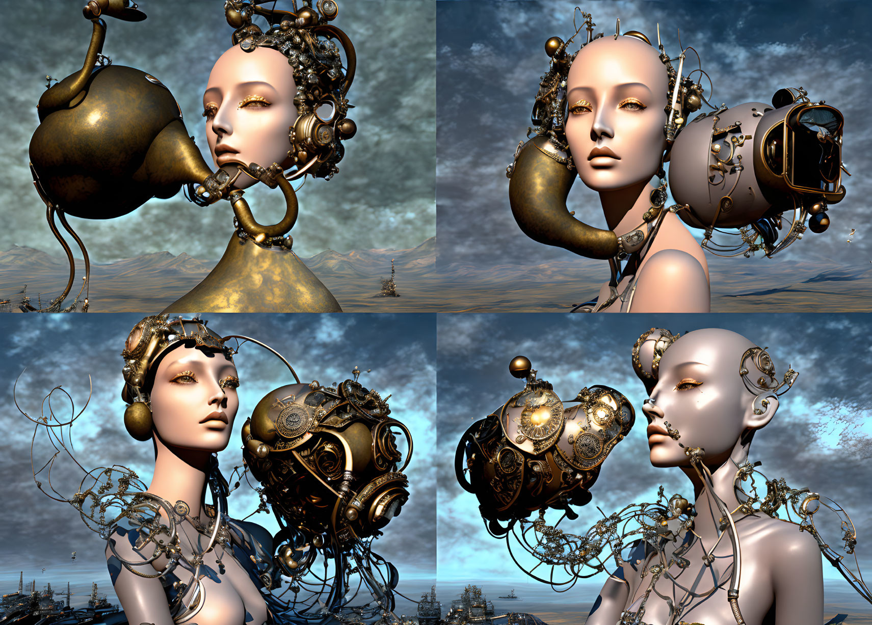 3D composite image: Female figure with mechanical parts in surreal landscape