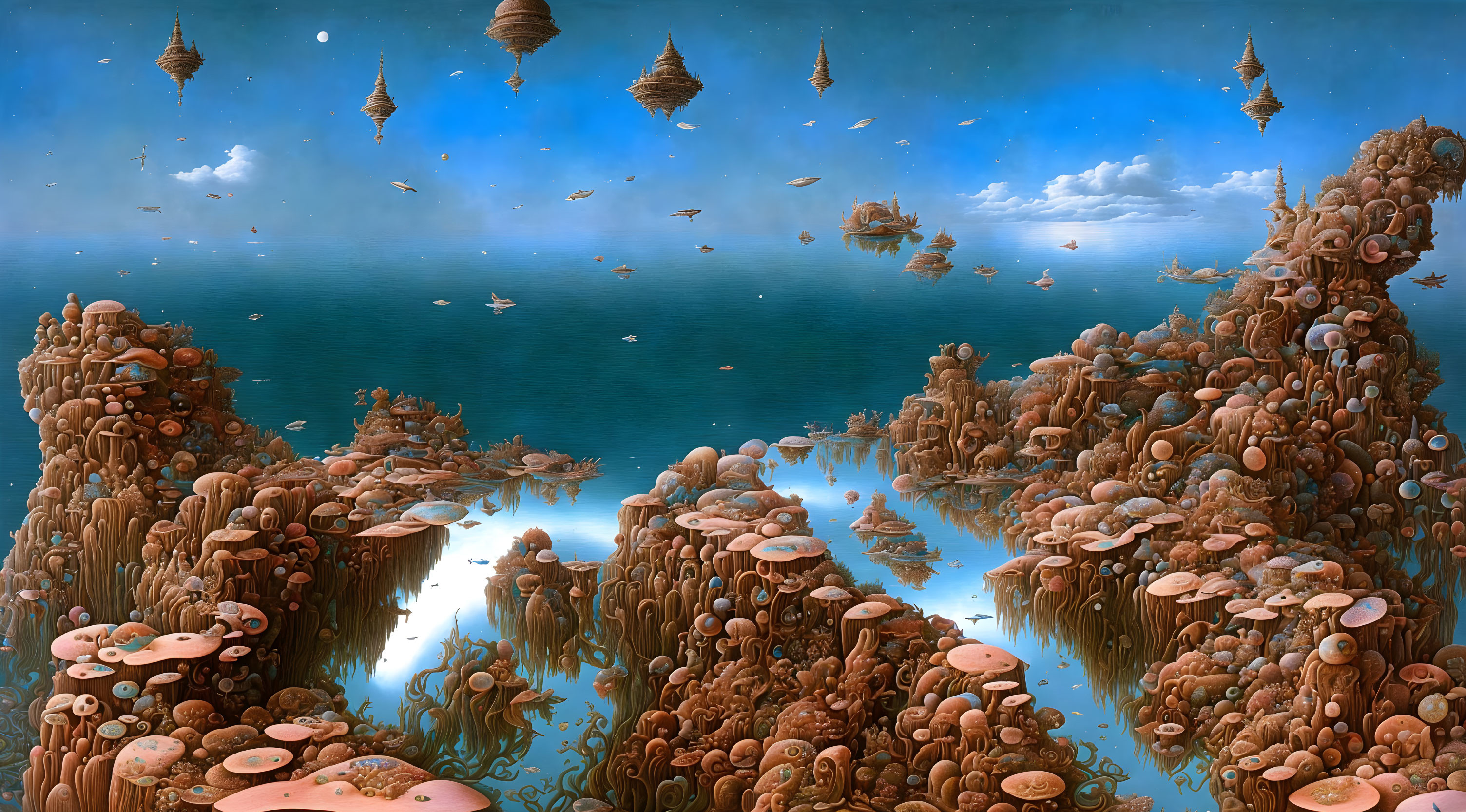 Surreal landscape with mushroom-covered cliffs and floating islands