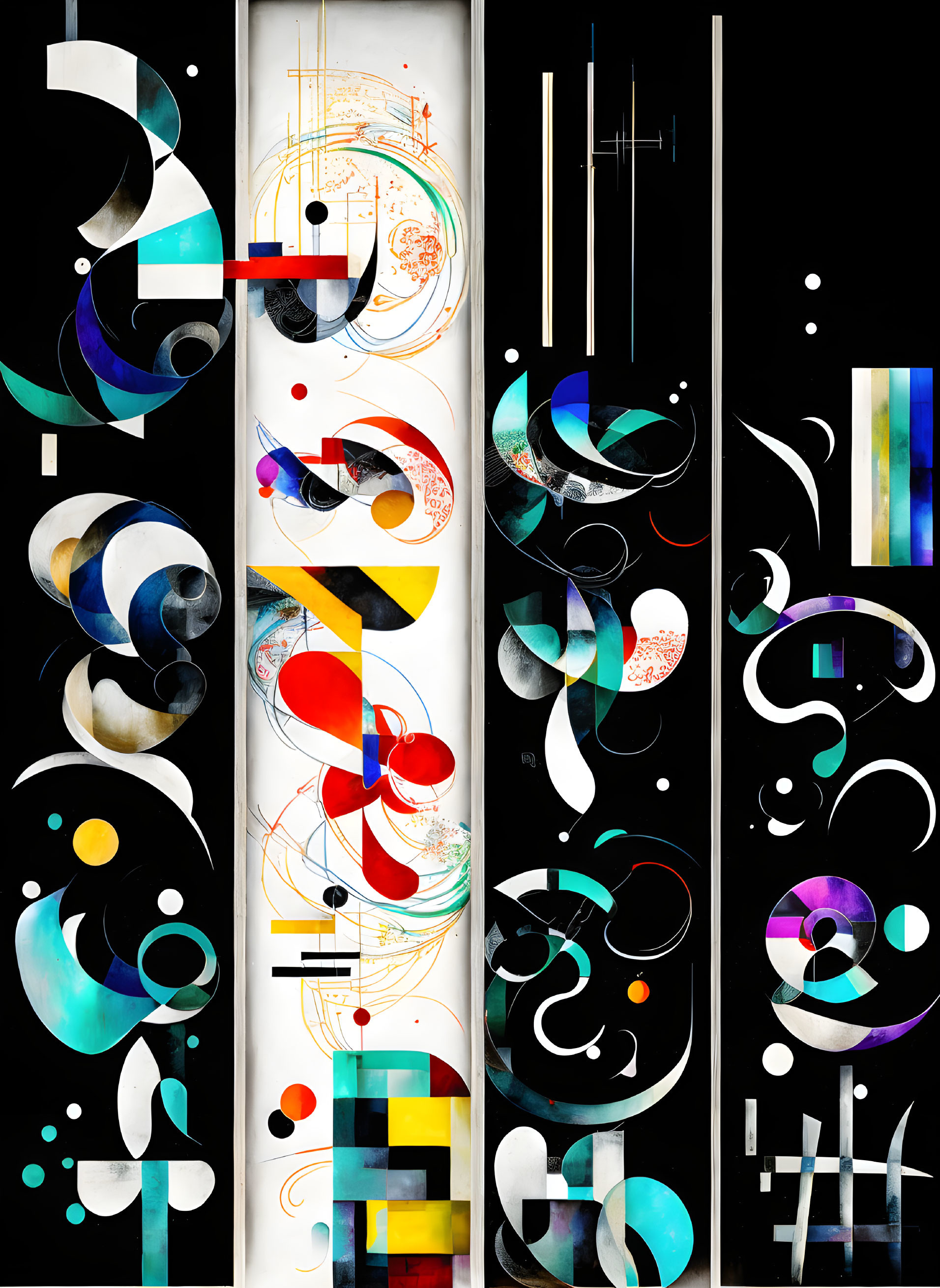 Vibrant geometric and curvilinear shapes on black background