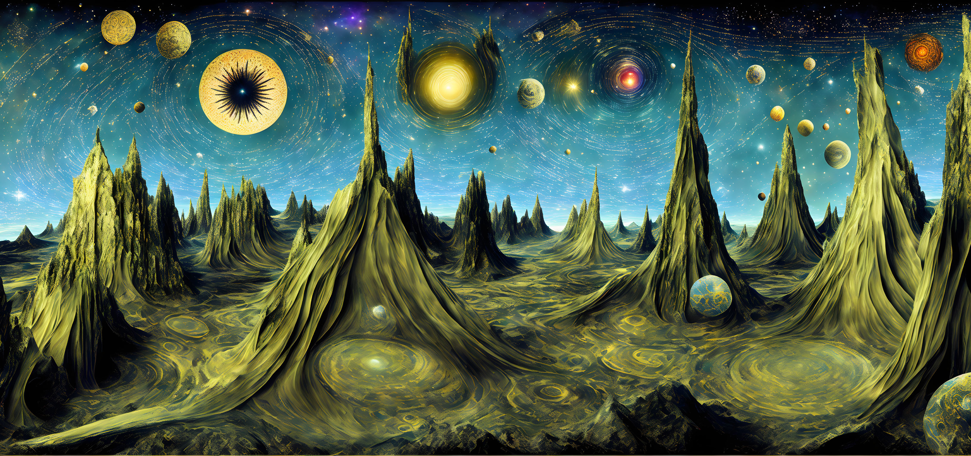 Fantastical surreal landscape with spire-shaped rock formations under starry sky