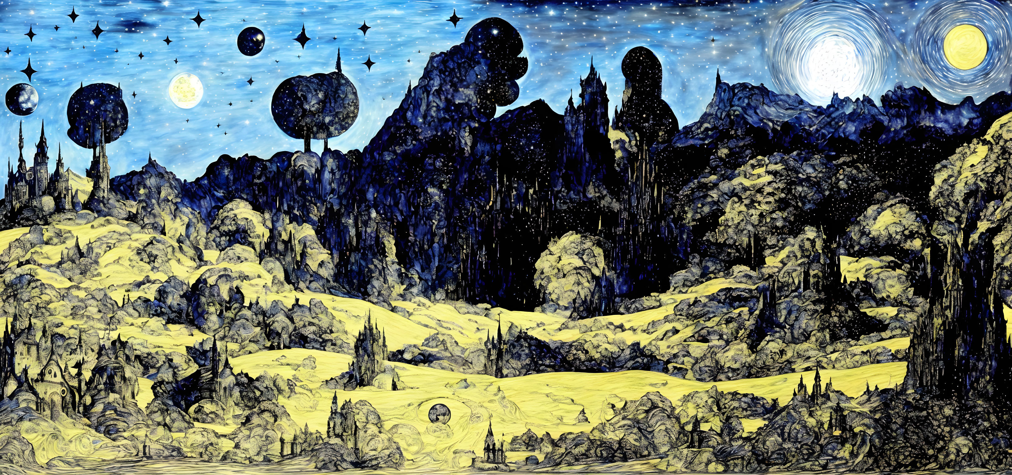 Fantastical landscape with floating islands and celestial bodies in Van Gogh style